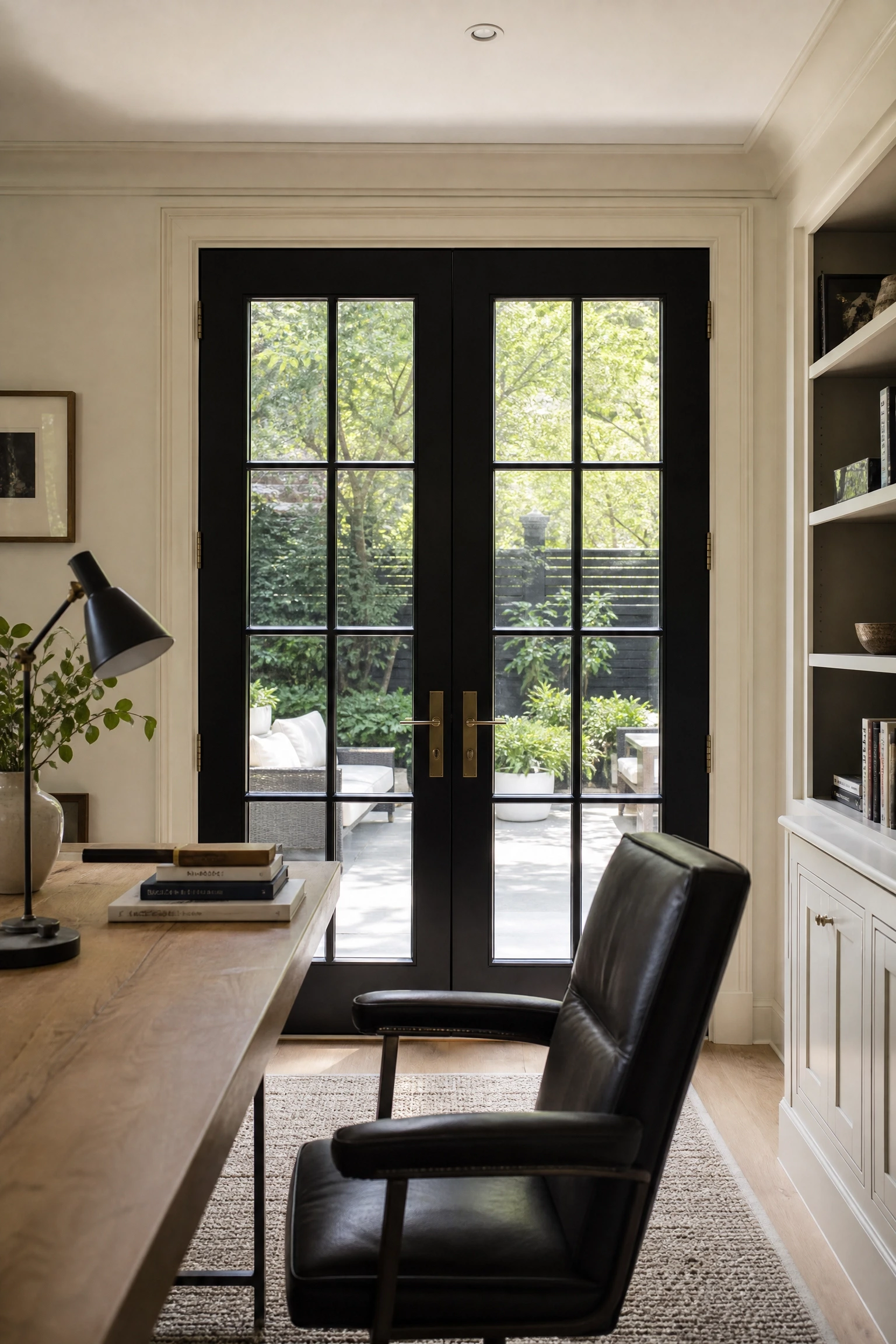 black french doors as the focal point in a office
