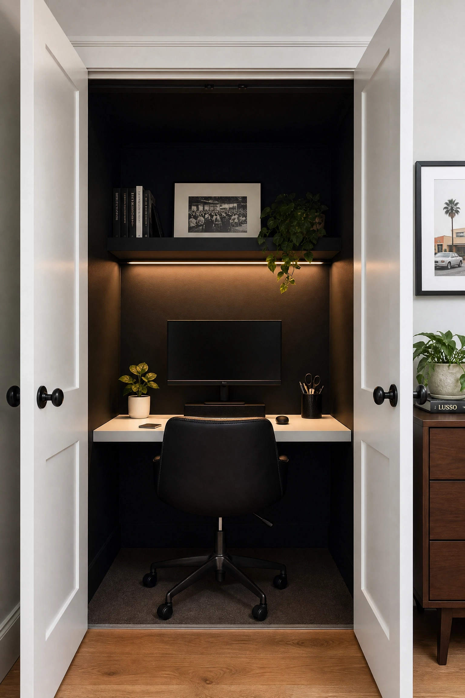 black nook office built into a closet