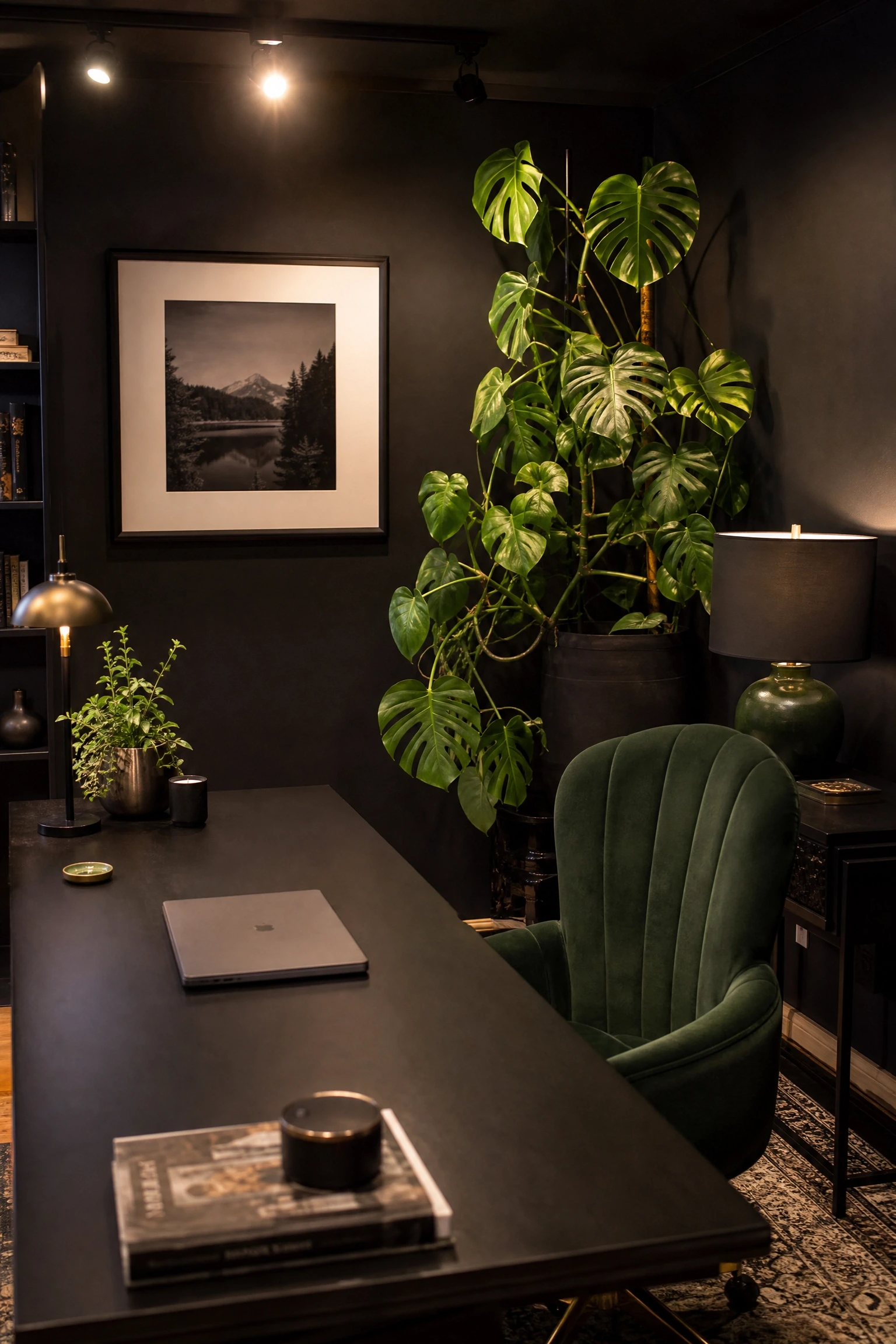 black office with deep green accents