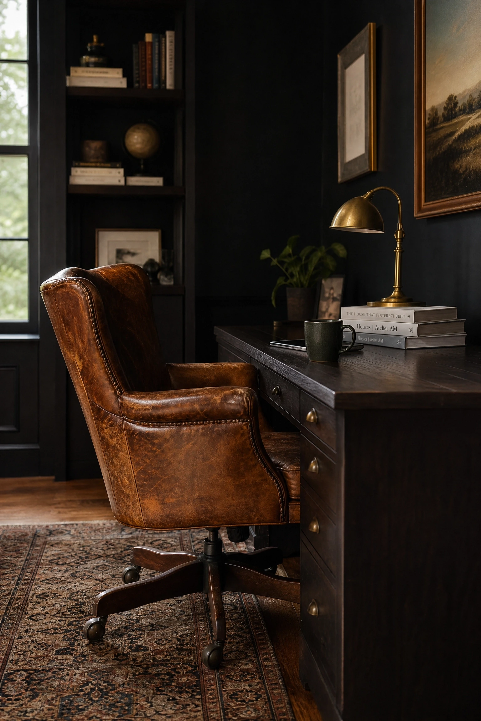 black office with vintage leather chair