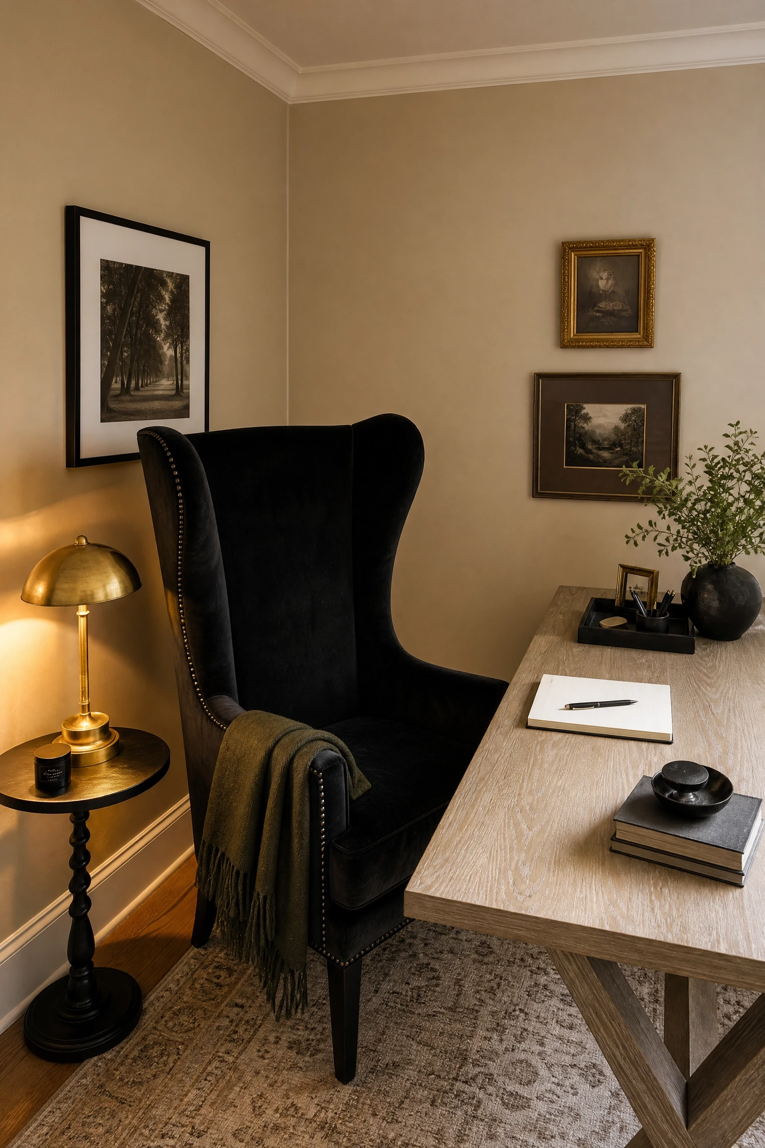 black velvet chair as the anchor piece in a office