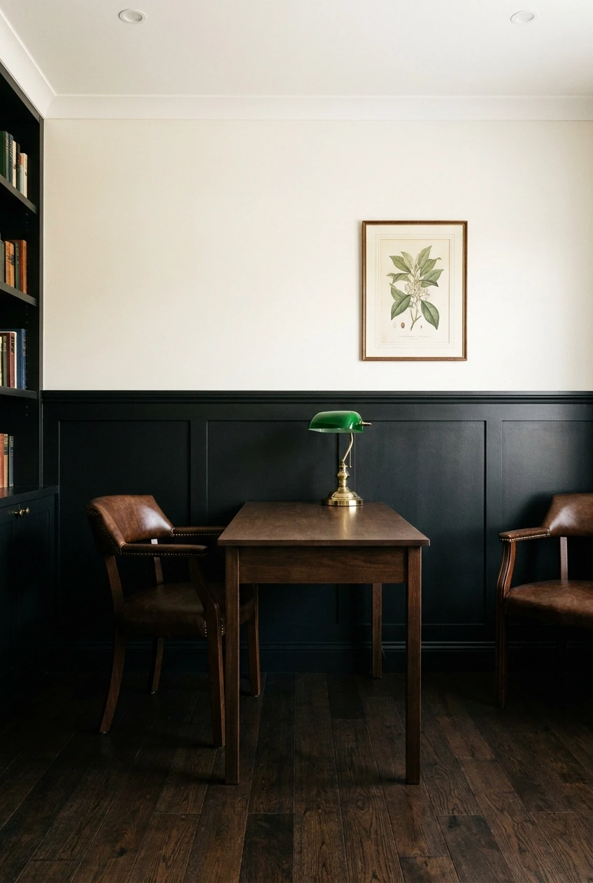 black wainscoting below a lighter upper wall in a office