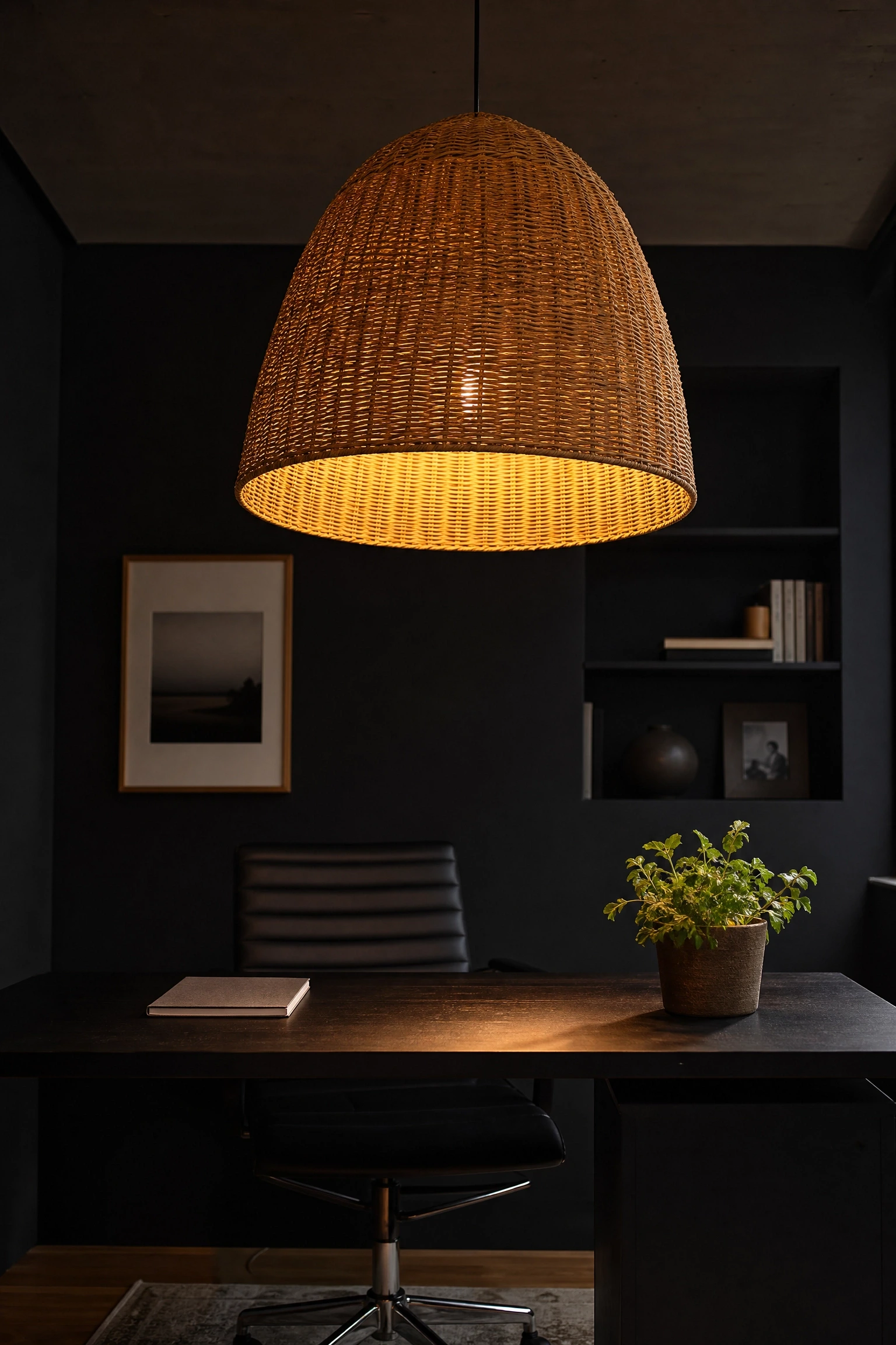 dark office with a statement pendant light