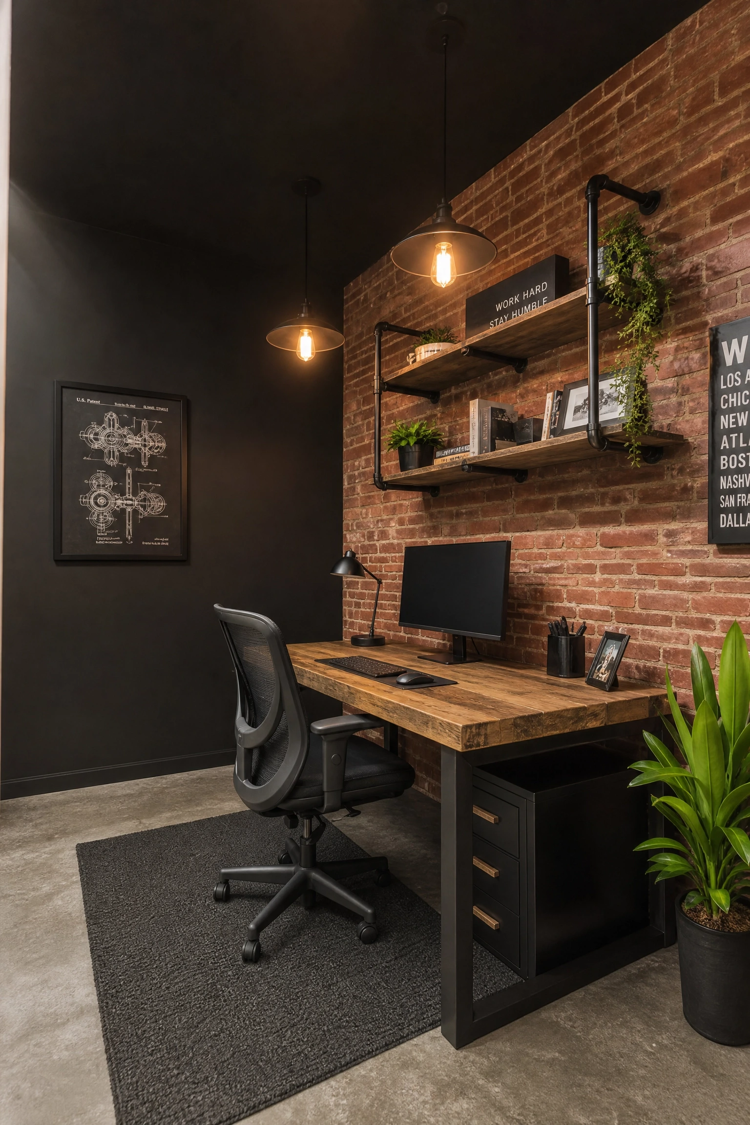 industrial black with exposed brick and metal in a office