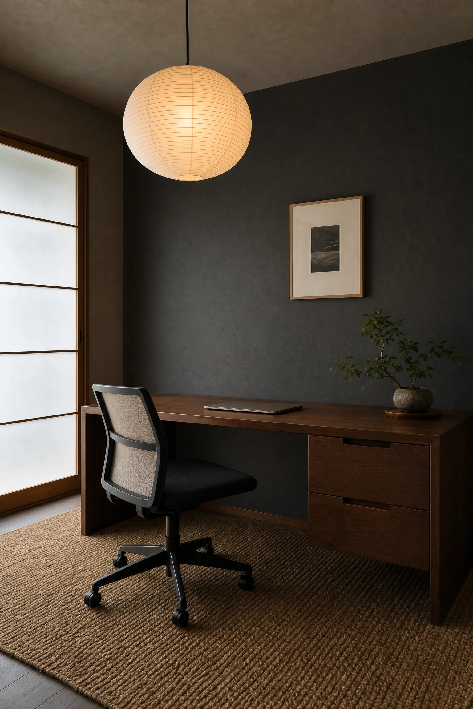 japandi black and walnut office