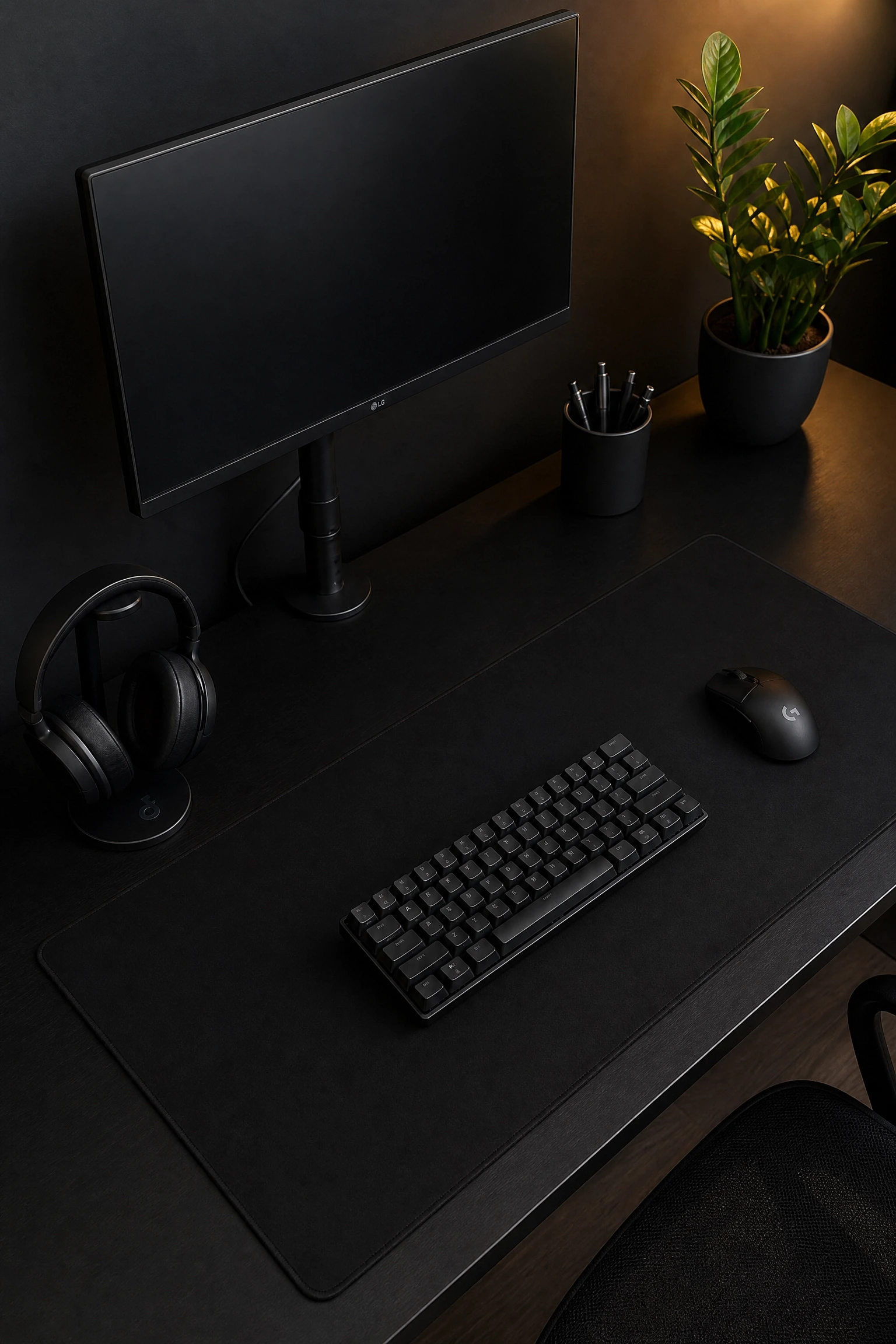 minimalist all-black flat-lay desk setup in a office