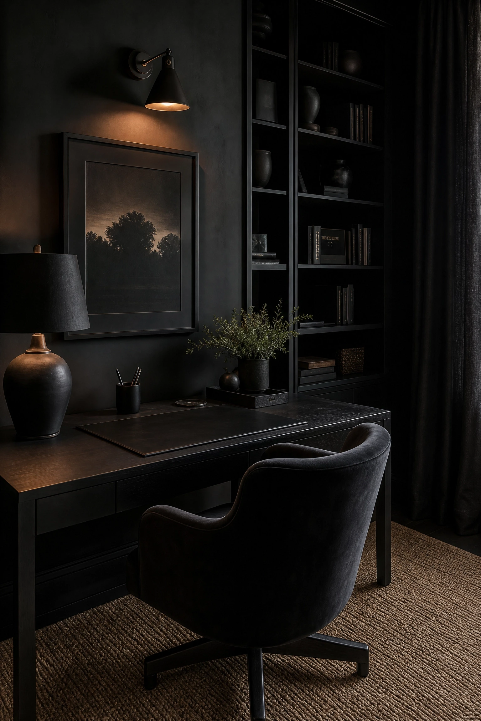 monochrome black with layered textures in a office