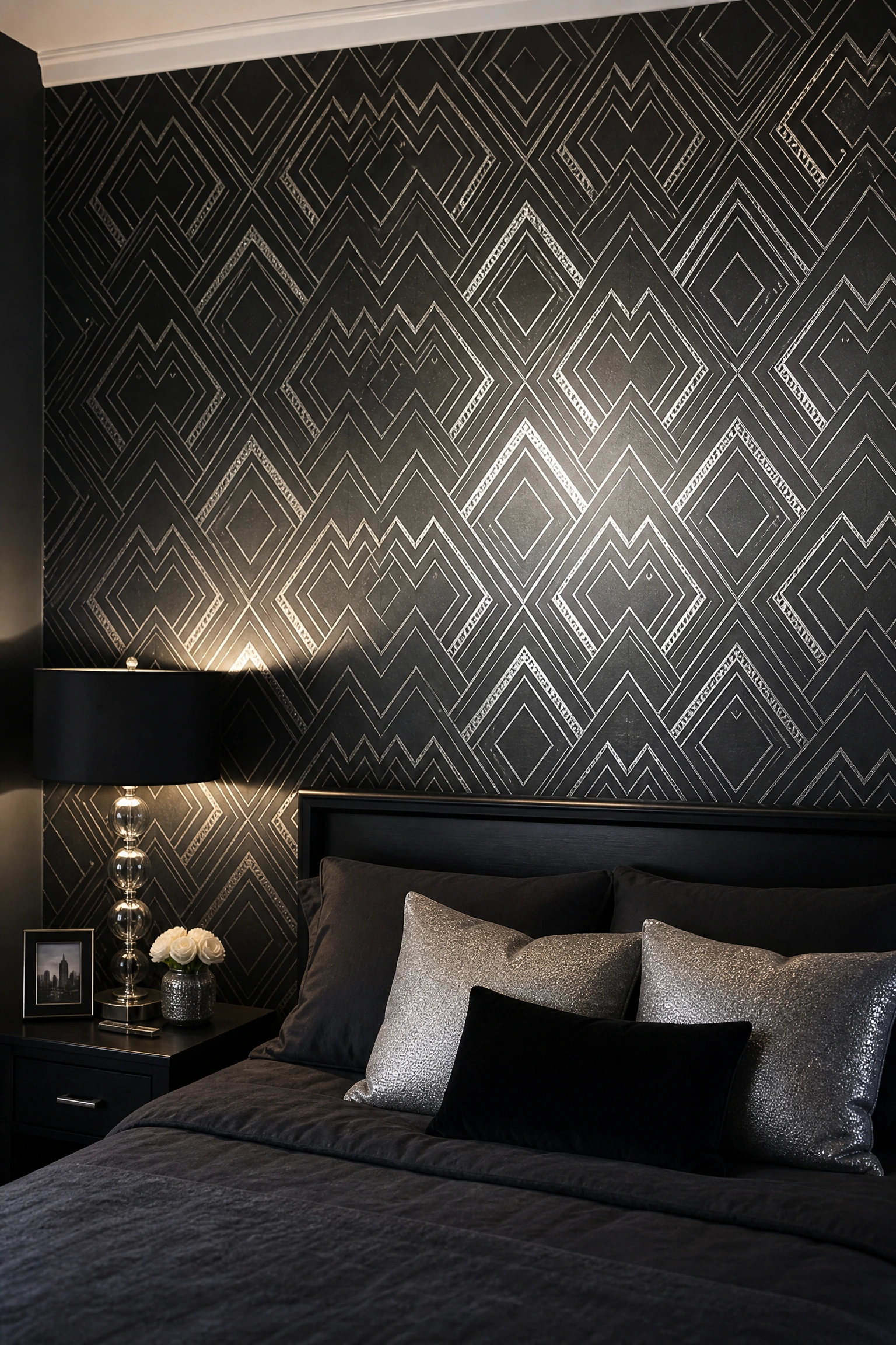 black and silver geometric wallpaper in a bedroom