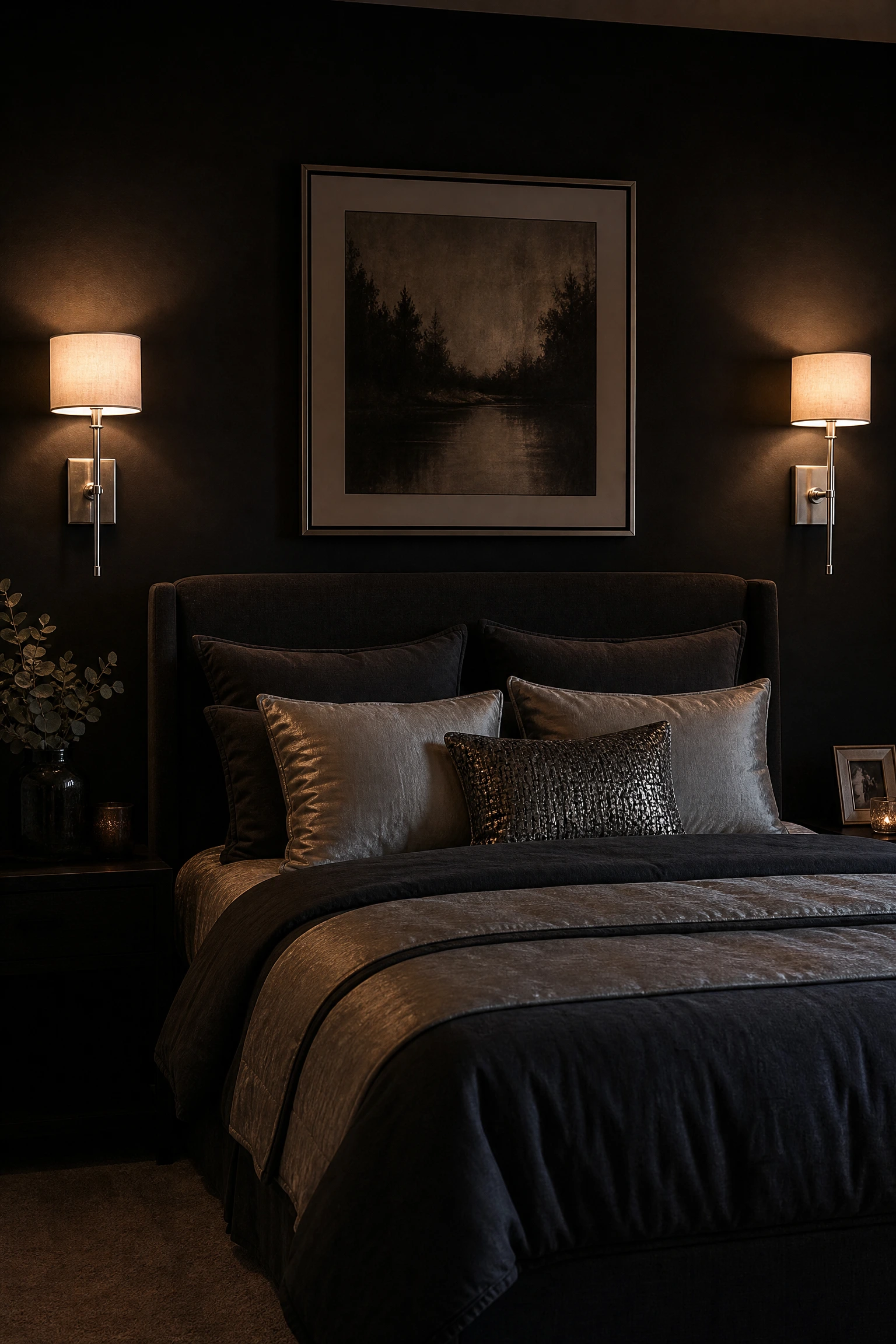 black bedroom with silver bedside sconces