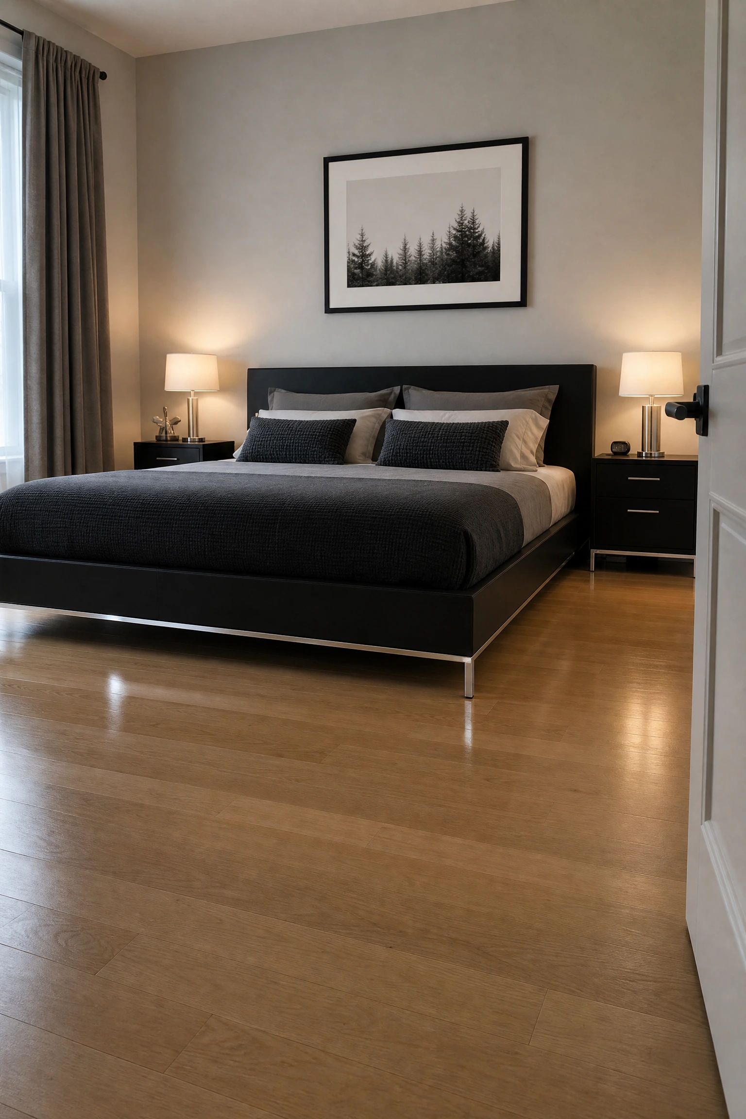 black bedroom with silver leaf or chrome furniture legs
