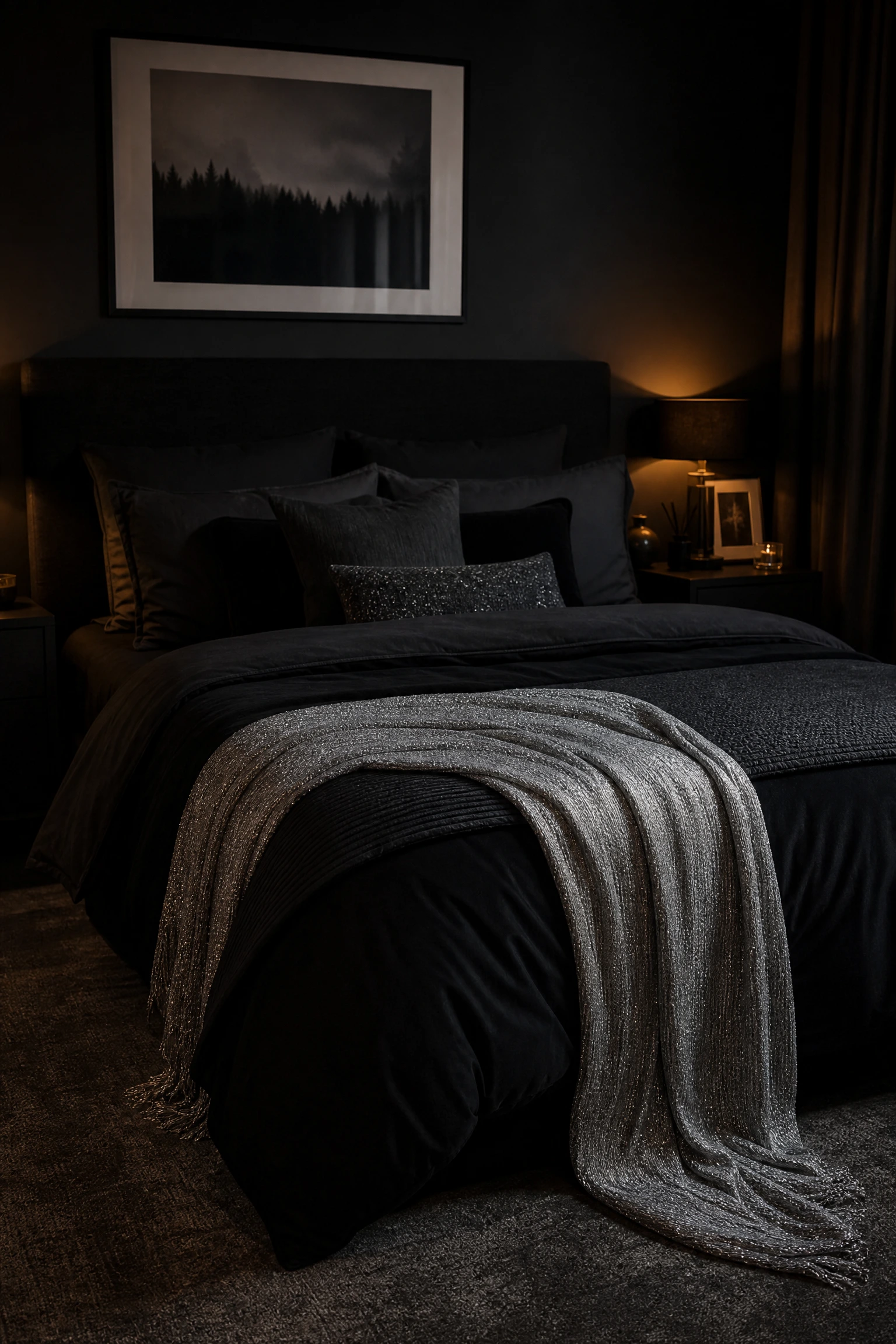 black bedroom with silver throw blanket as the only metallic accent