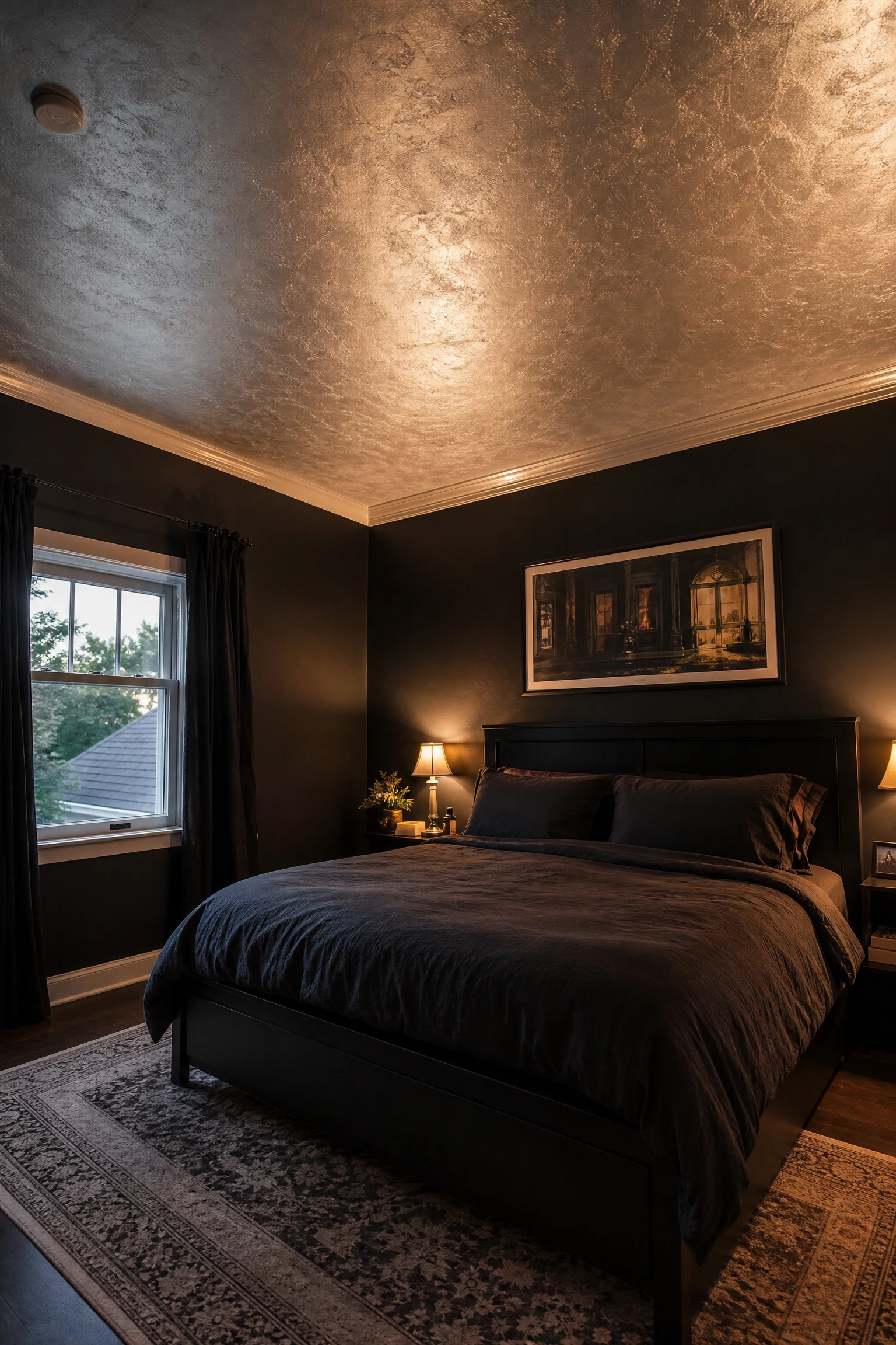 black matte walls with silver leaf ceiling in a bedroom