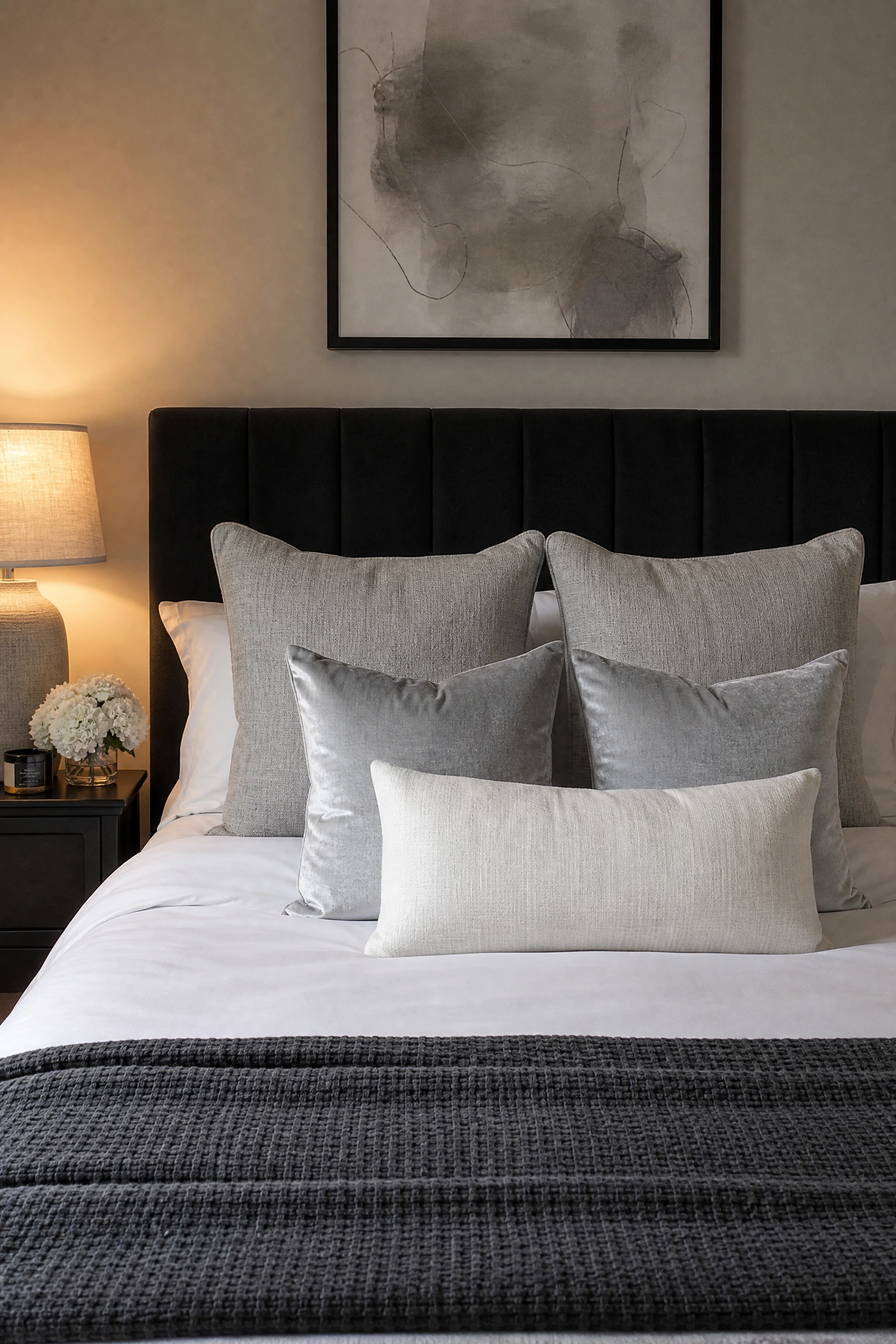 black upholstered headboard with silver cushions and throws in a bedroom