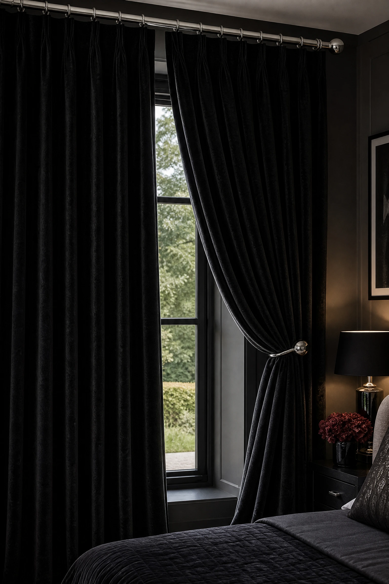 black velvet curtains with silver tie-backs in a bedroom
