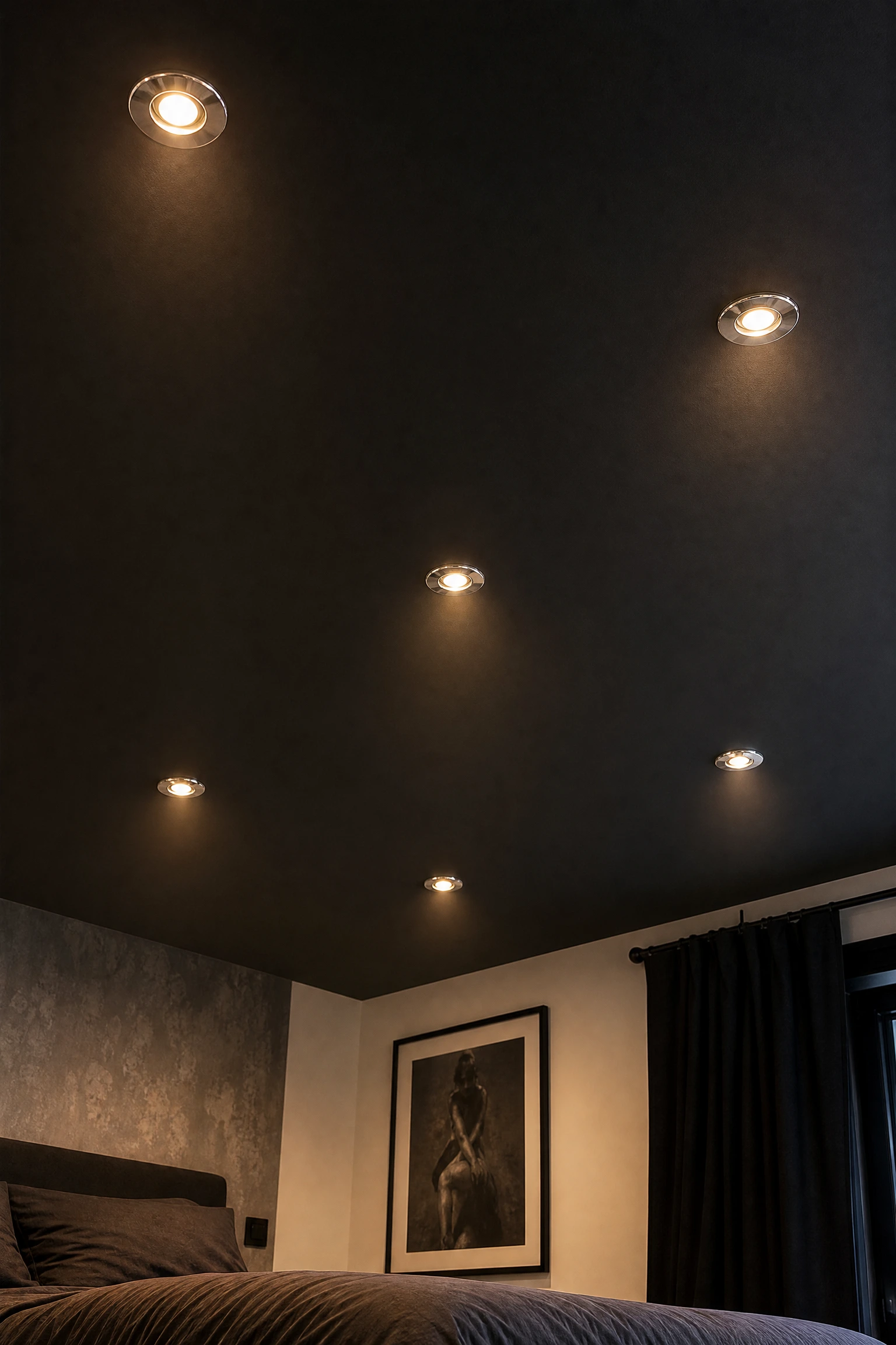 matte black ceiling with silver recessed spotlights in a bedroom