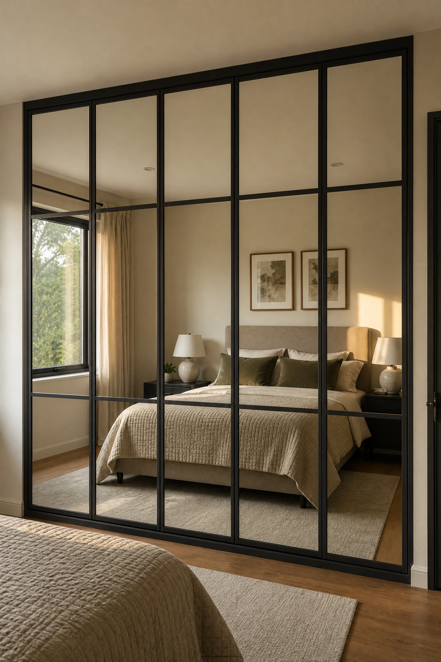 mirrored black and silver wardrobes in a bedroom