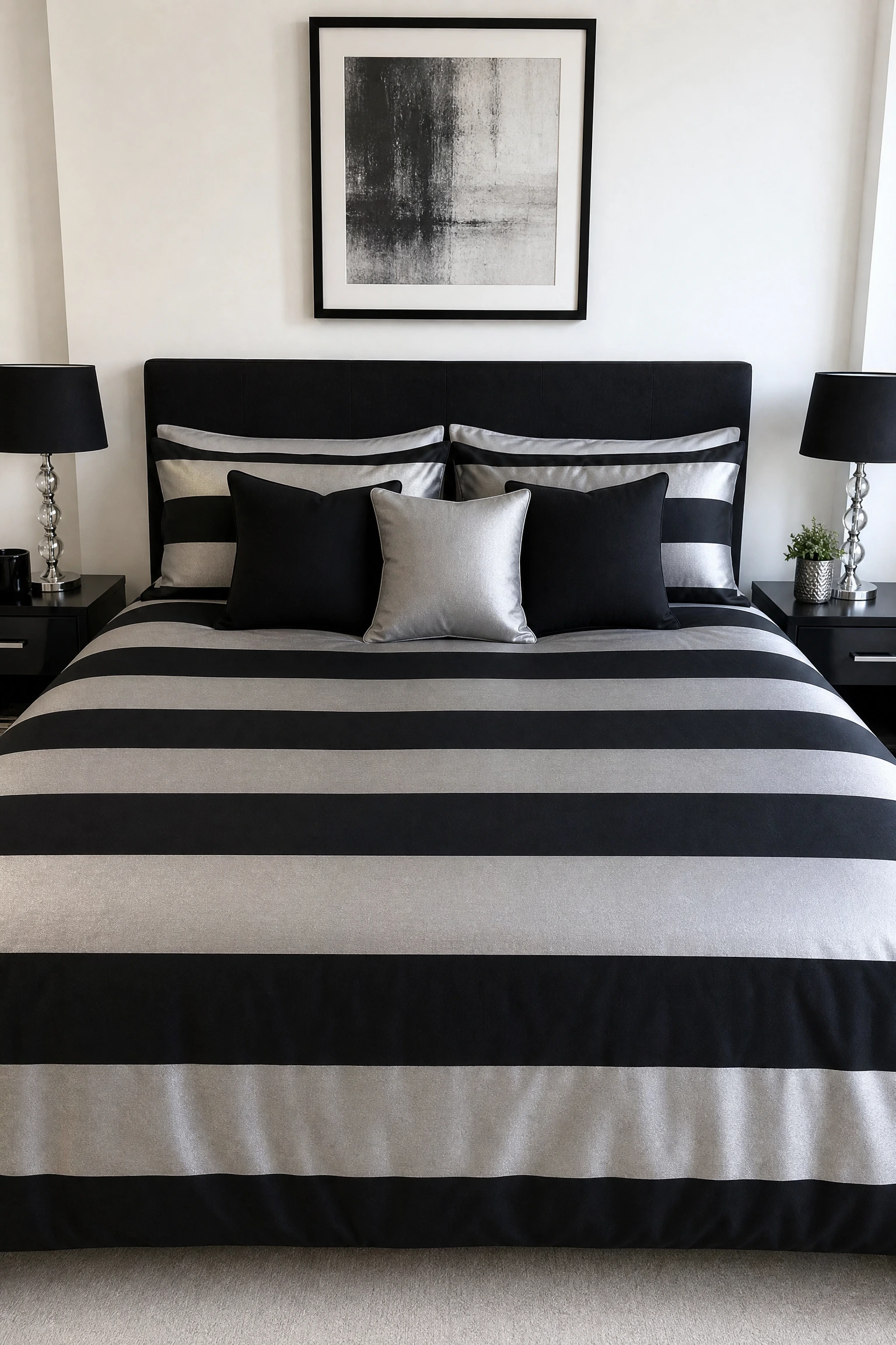 silver and black striped bedding in a bedroom