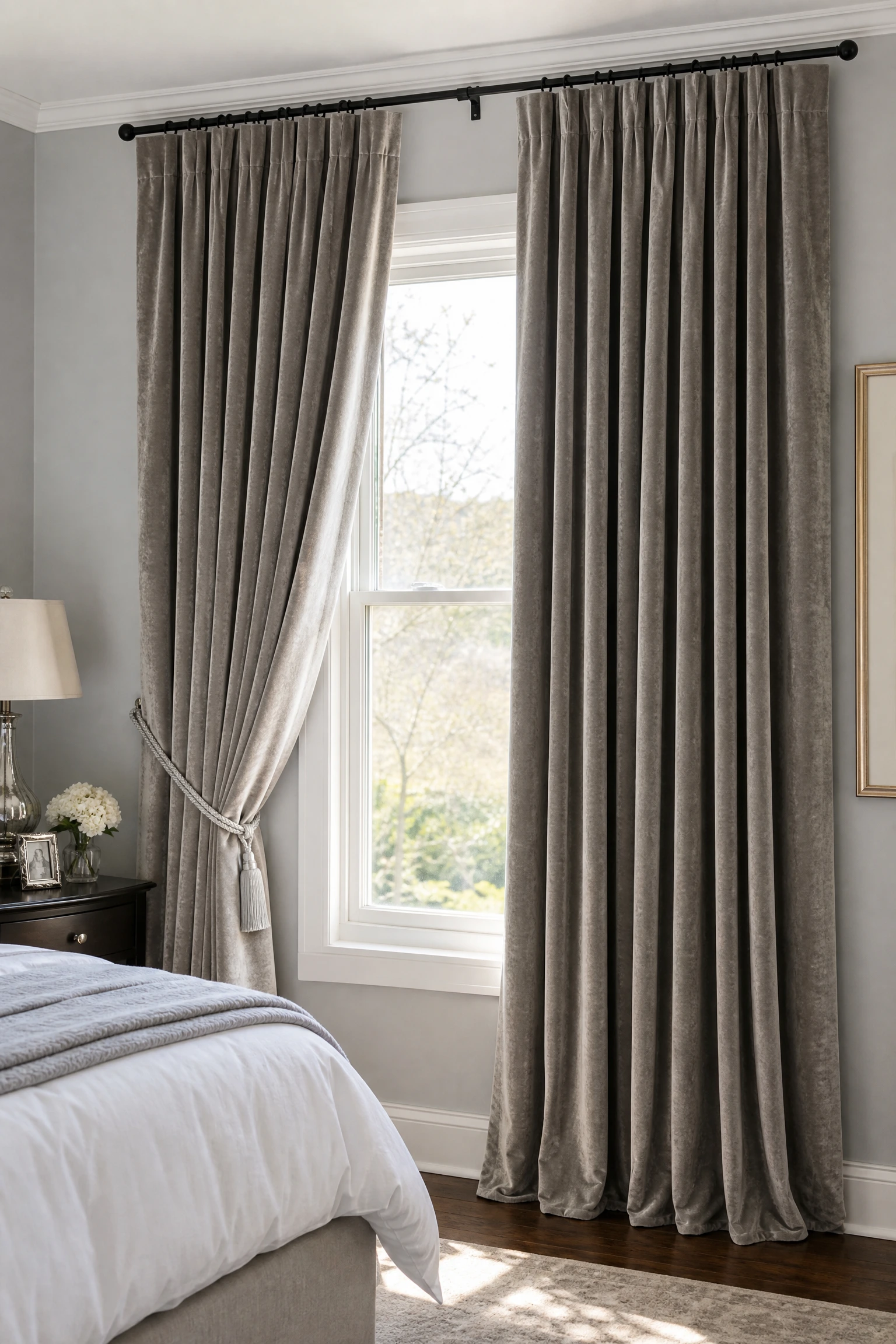 silver curtains or drapery in a black and neutral bedroom