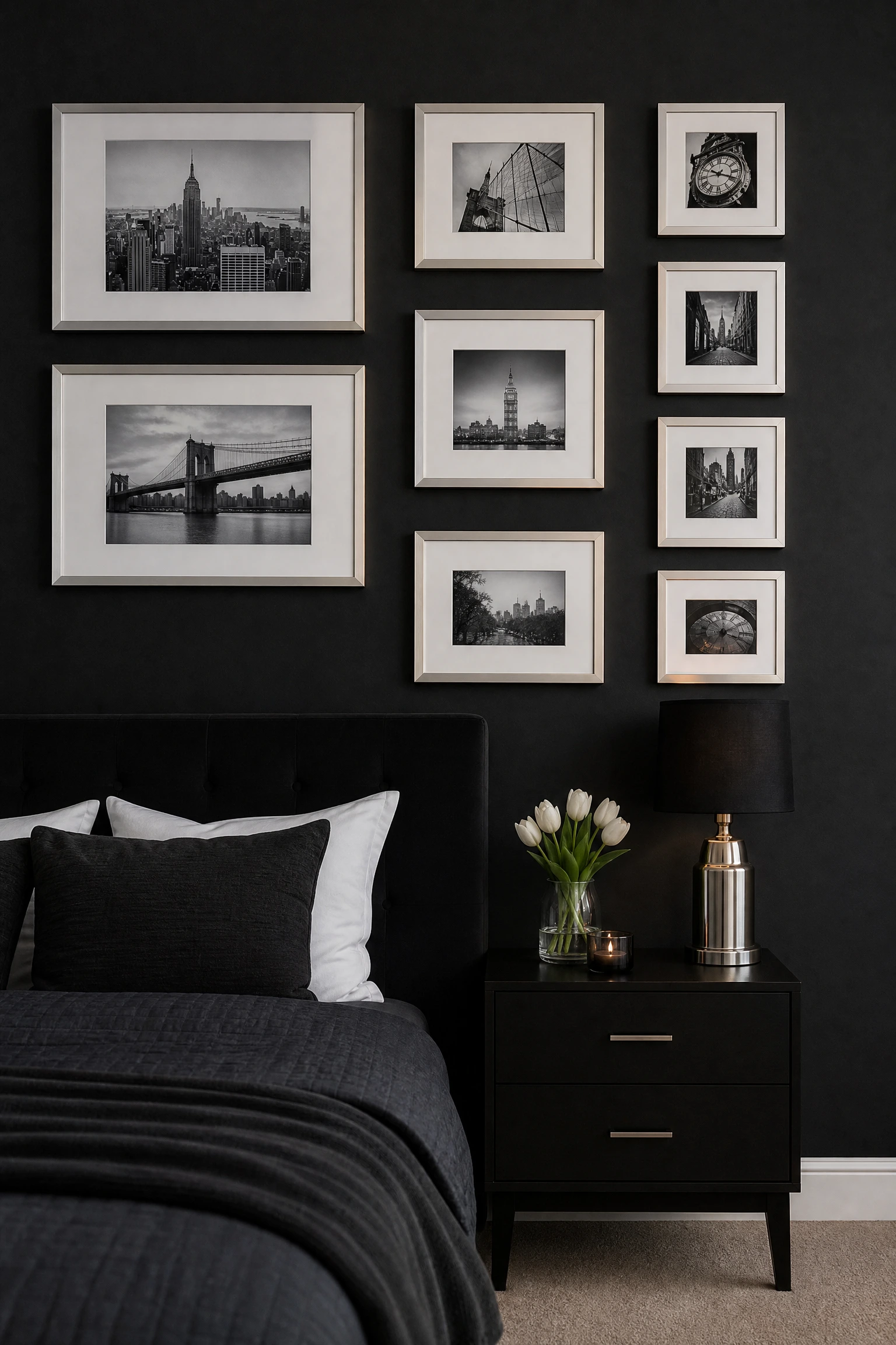 silver-framed gallery wall against black painted walls in a bedroom