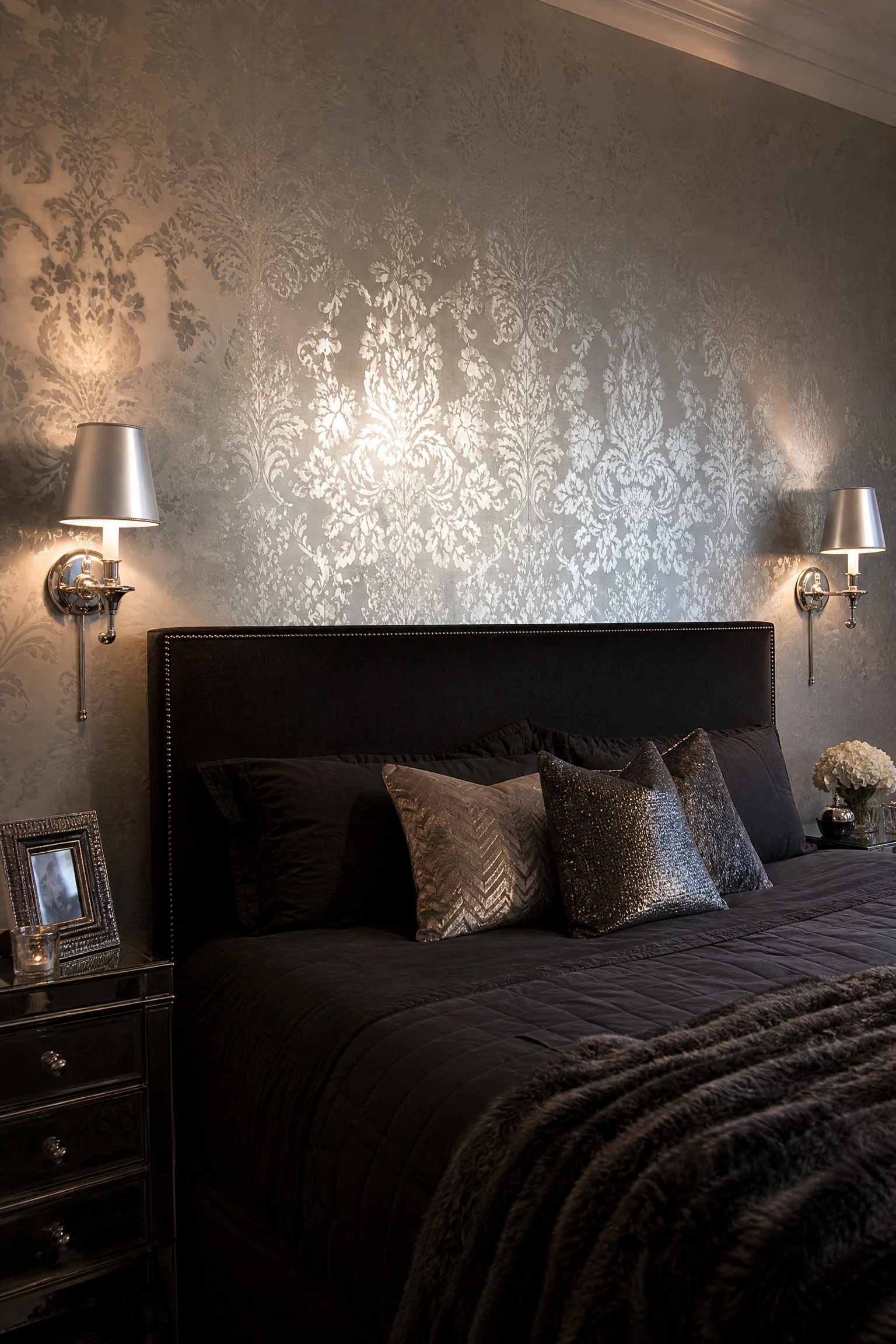 silver wallpaper on the headboard wall in a bedroom
