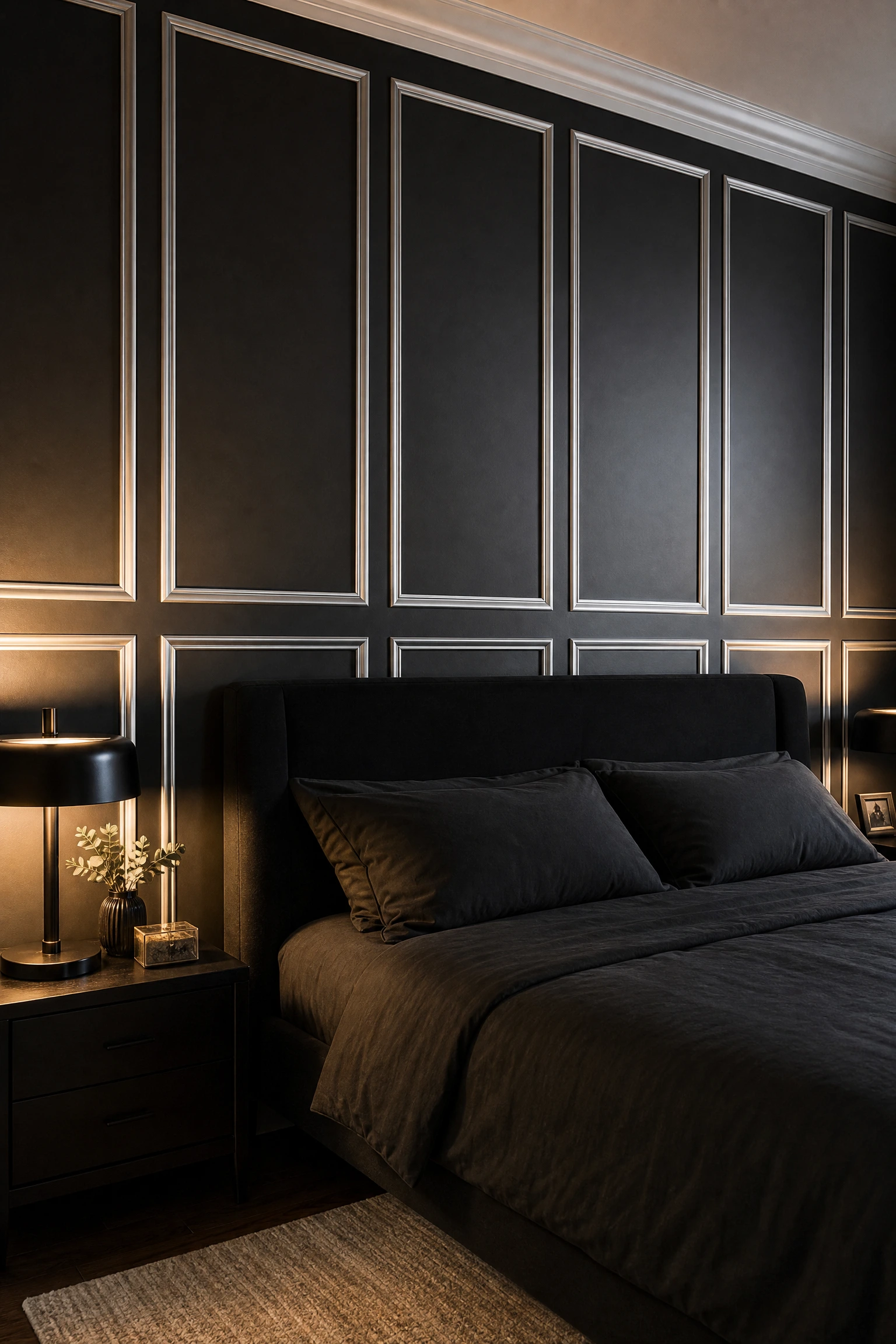 two-tone black and silver panelled wall in a bedroom