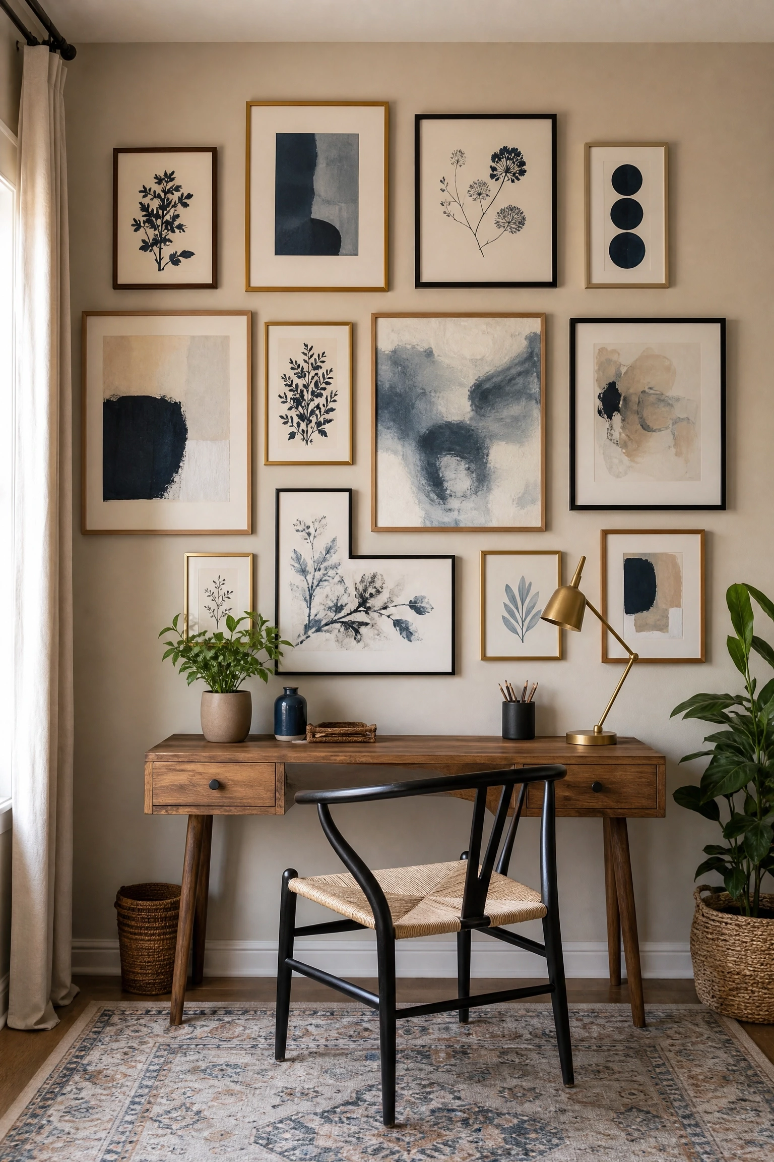 beige and blue art gallery wall in a office
