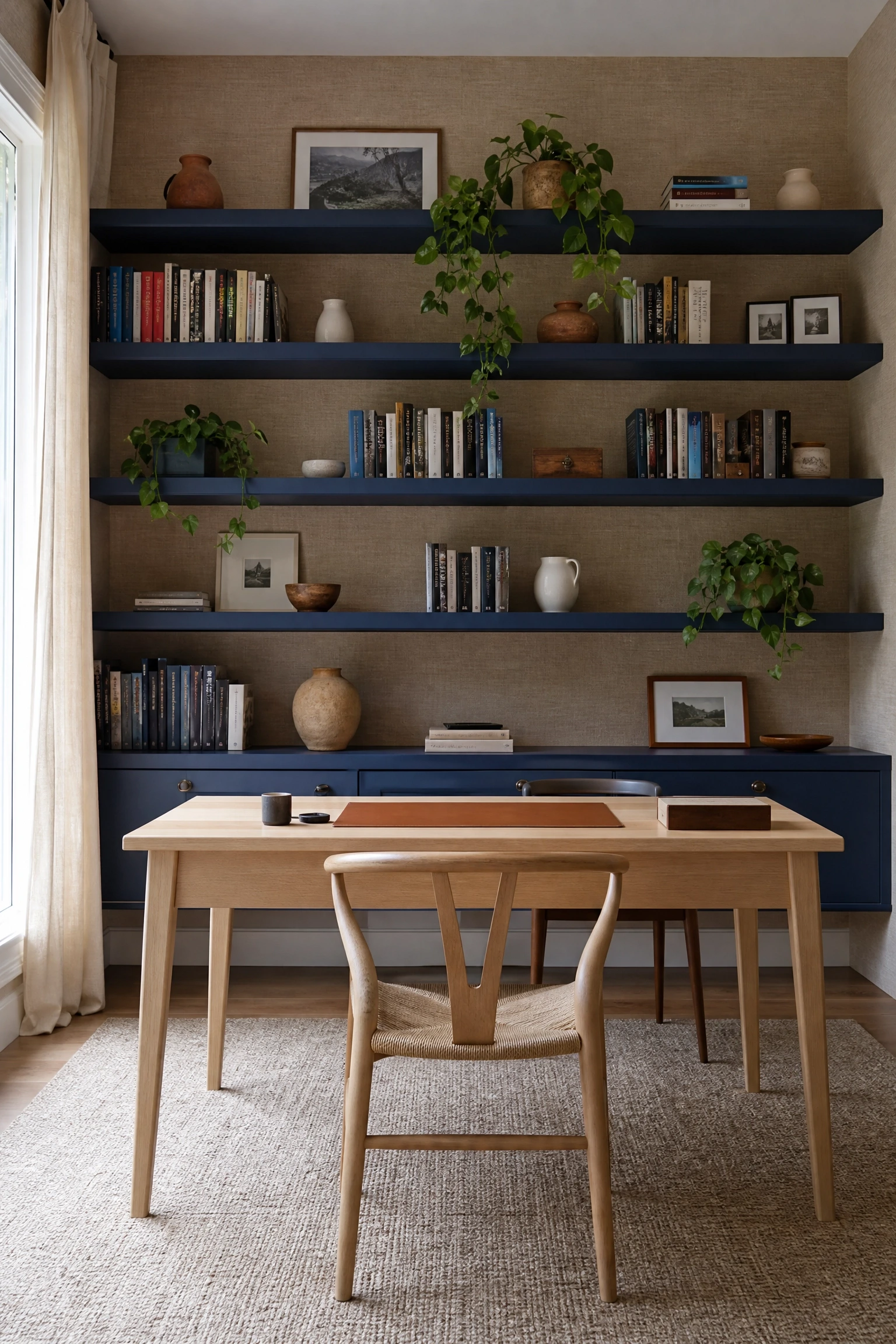 beige linen walls with indigo blue open shelving in a office