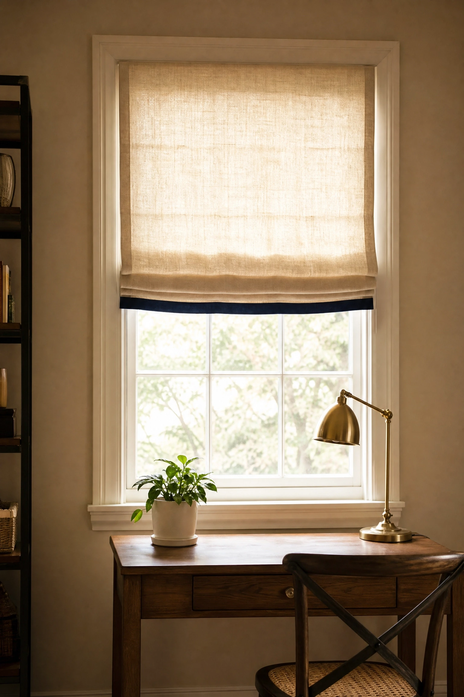 beige roman shades with blue trim detail in a office