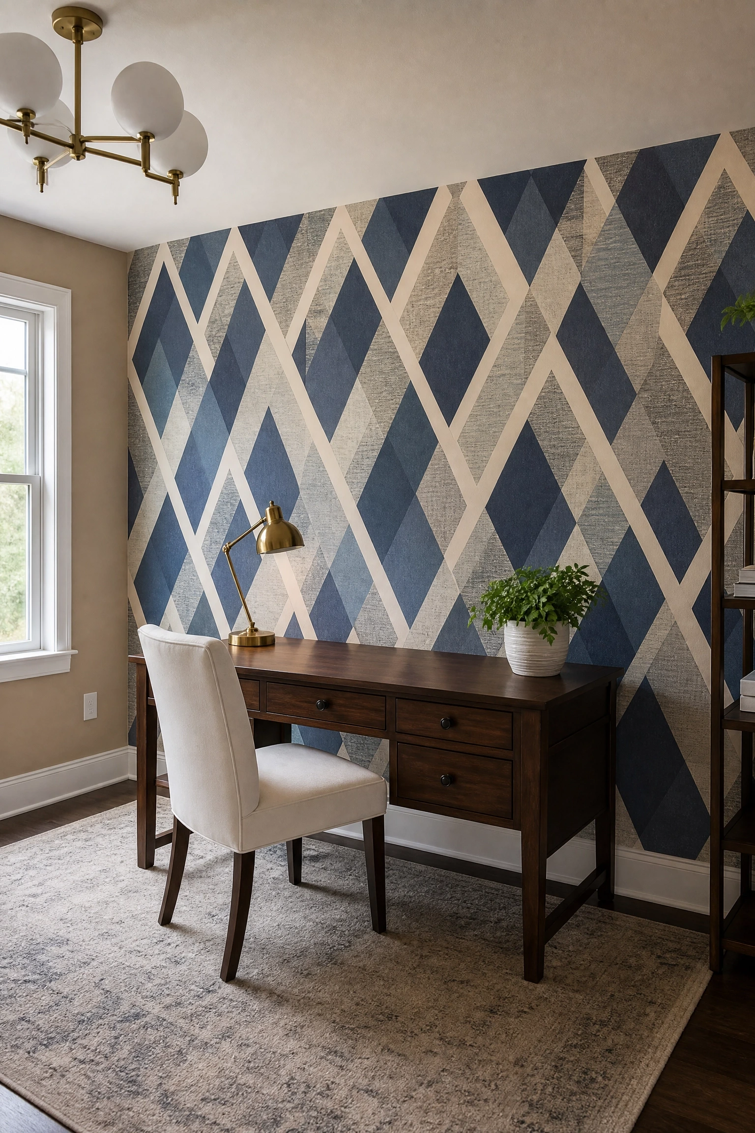 blue and beige geometric wallpaper as a feature wall in a office