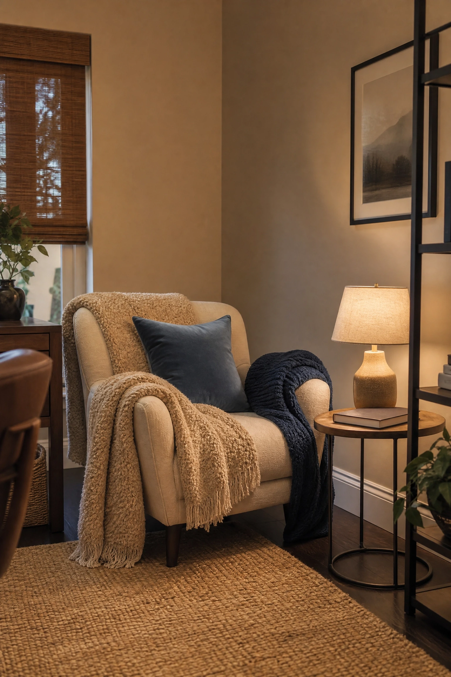 blue and beige layered textiles for a reading corner in a office