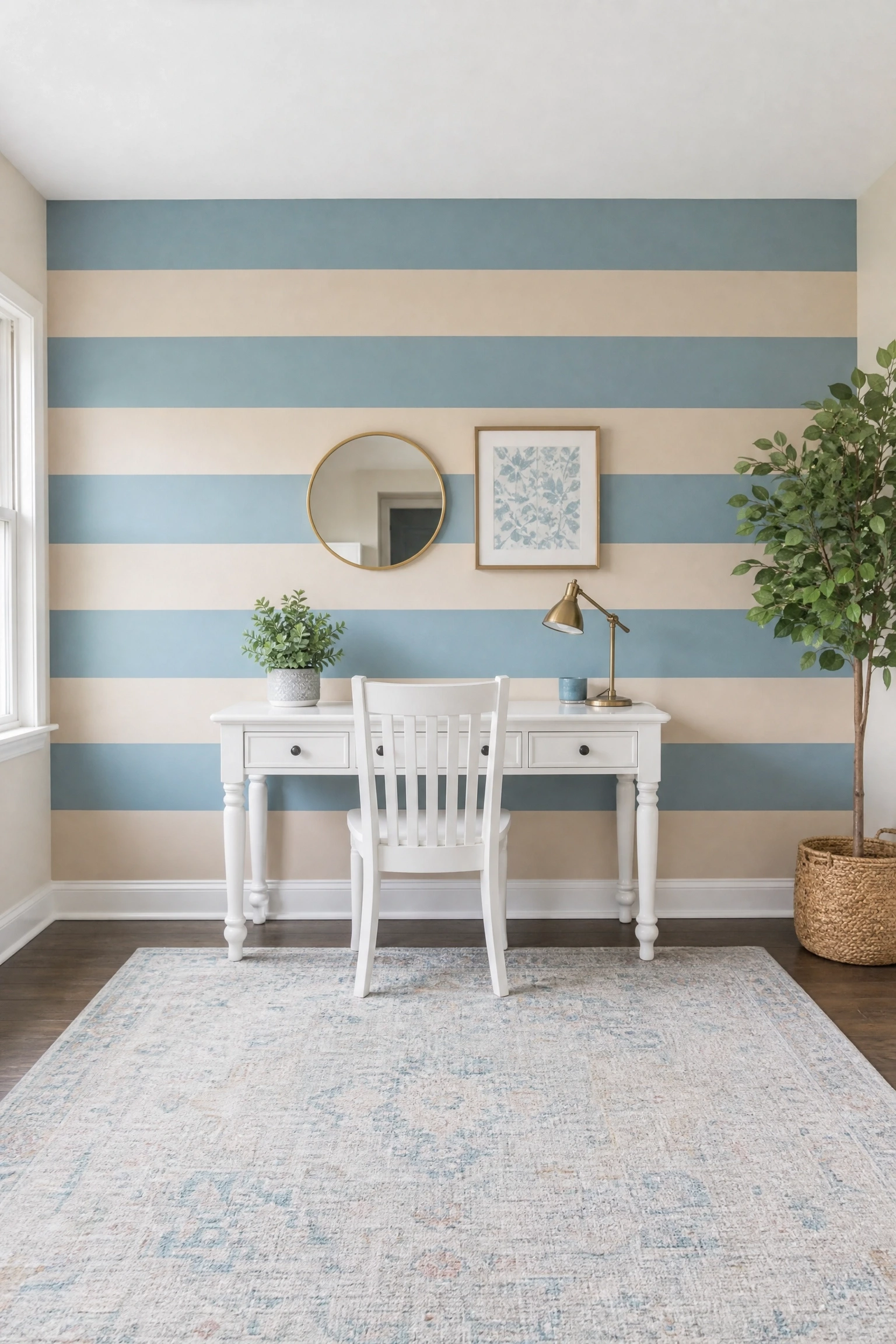 blue and beige painted stripes as a diy accent wall in a office