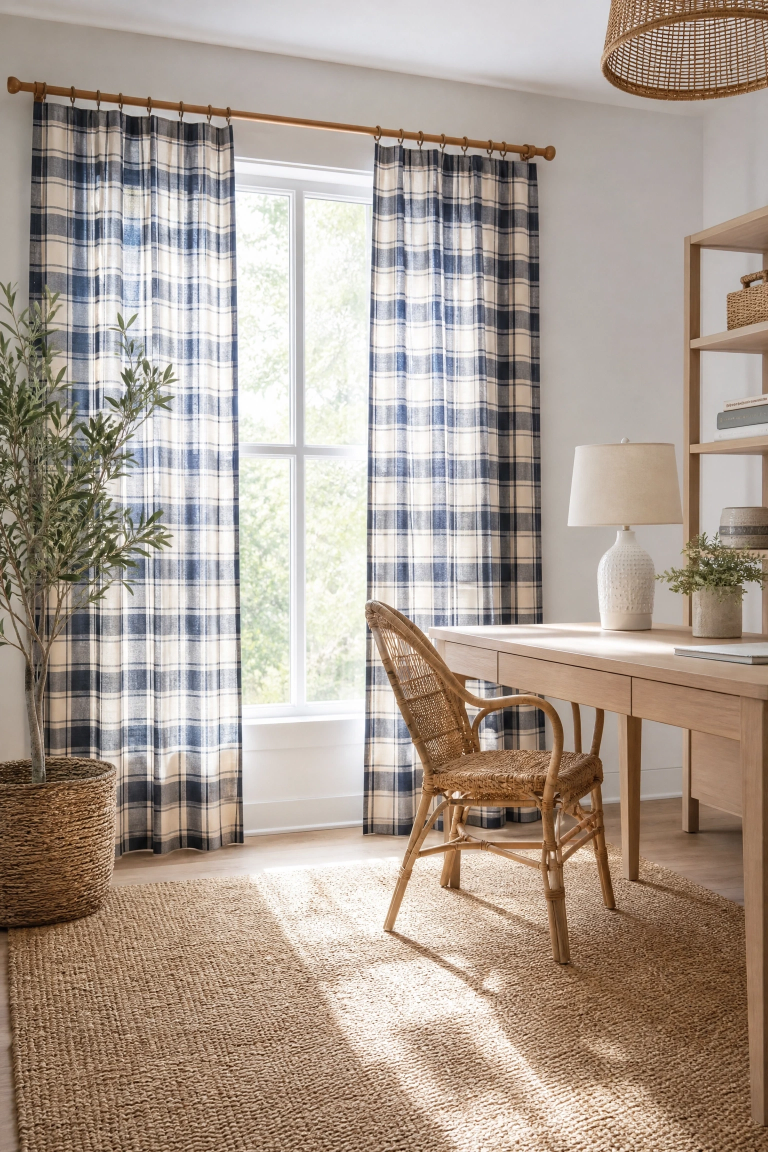 blue and beige plaid or check drapery with white walls in a office