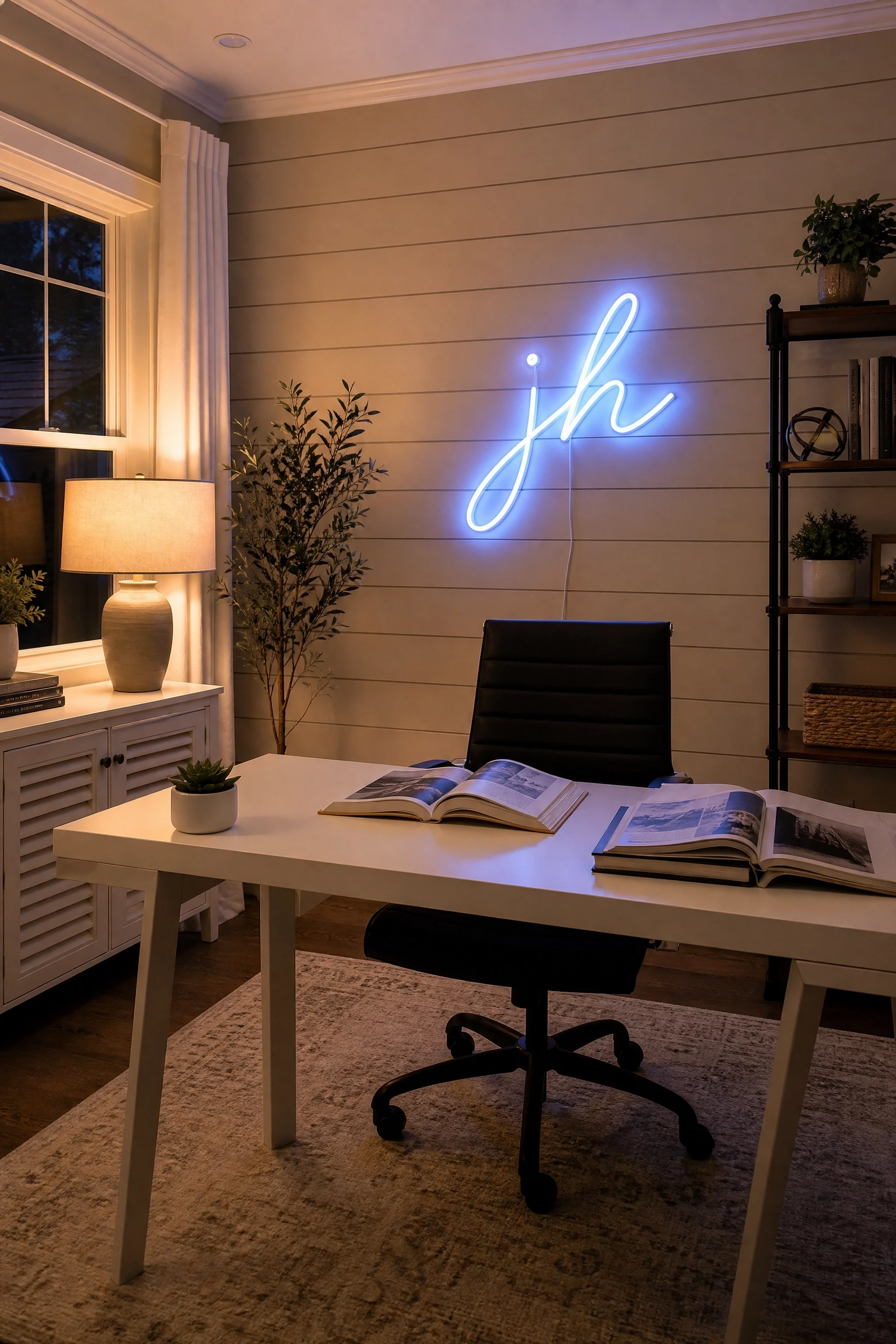 blue neon sign or led art against beige shiplap in a office