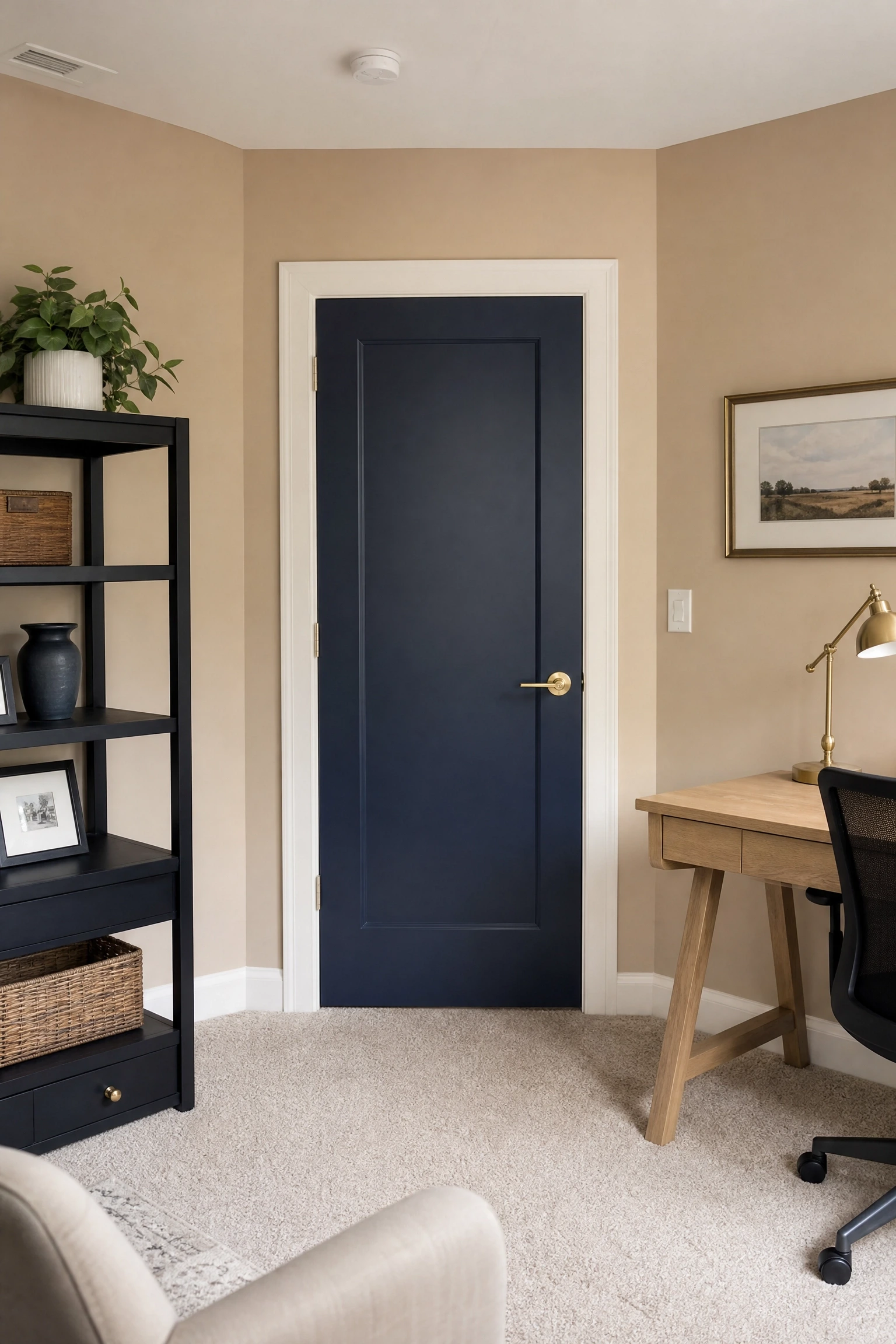 blue-painted interior door with beige office walls