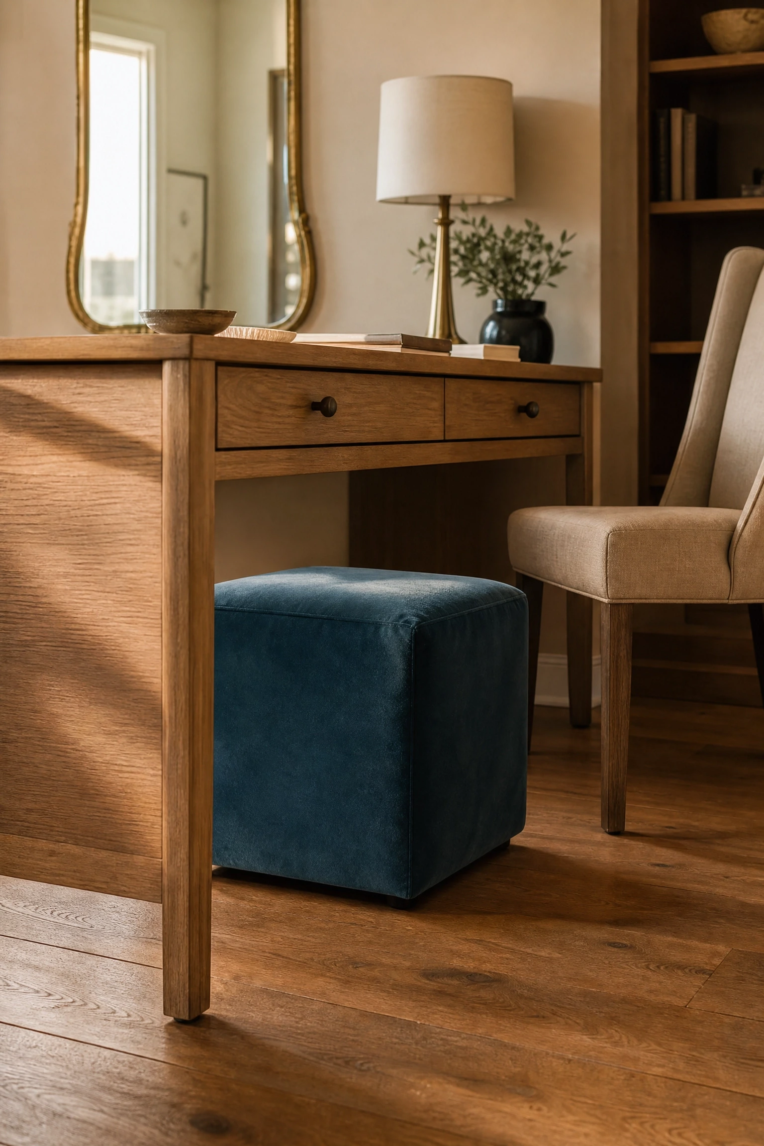blue velvet ottoman footrest with beige wood desk in a office