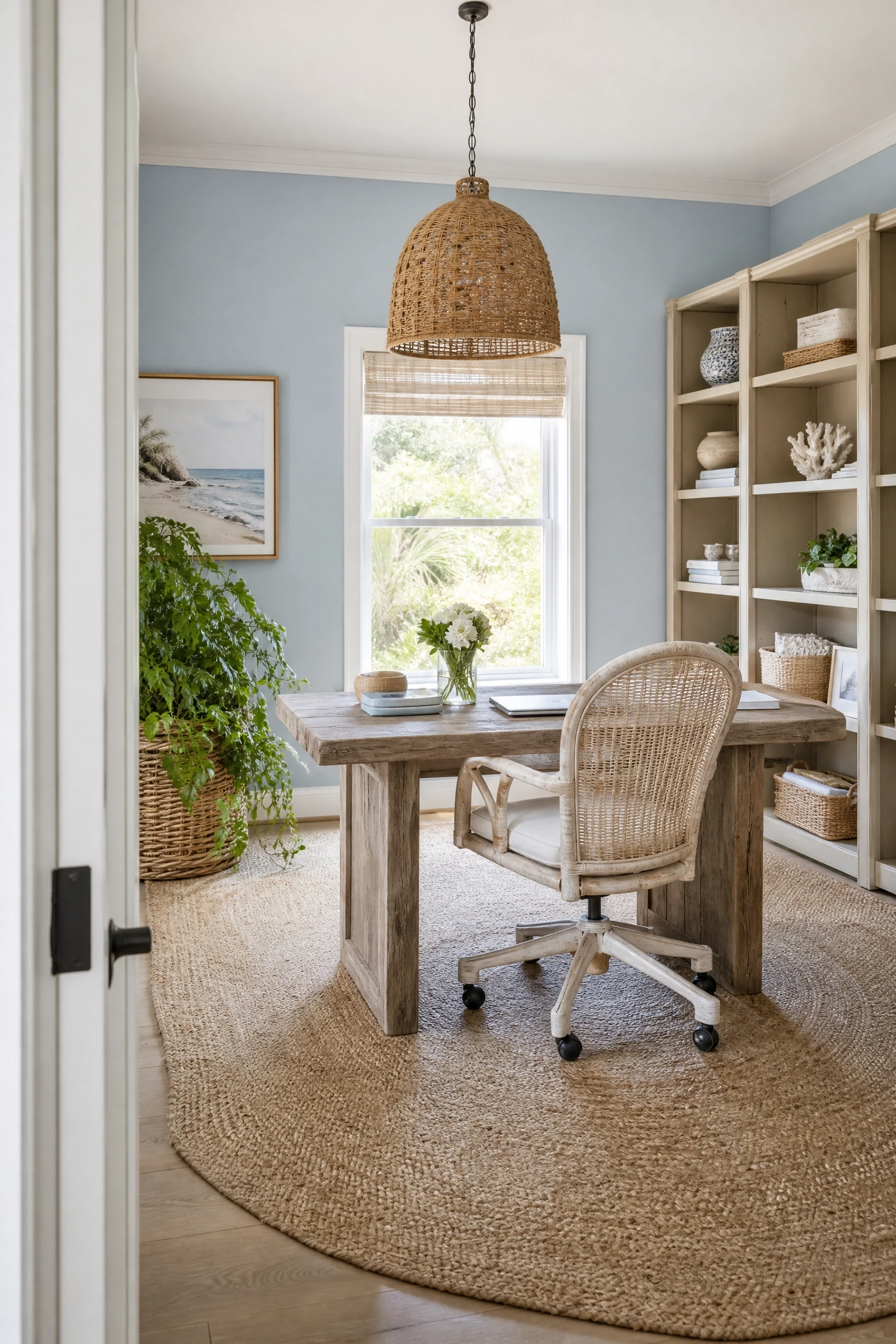 coastal blue and beige with natural rattan and wicker in a office