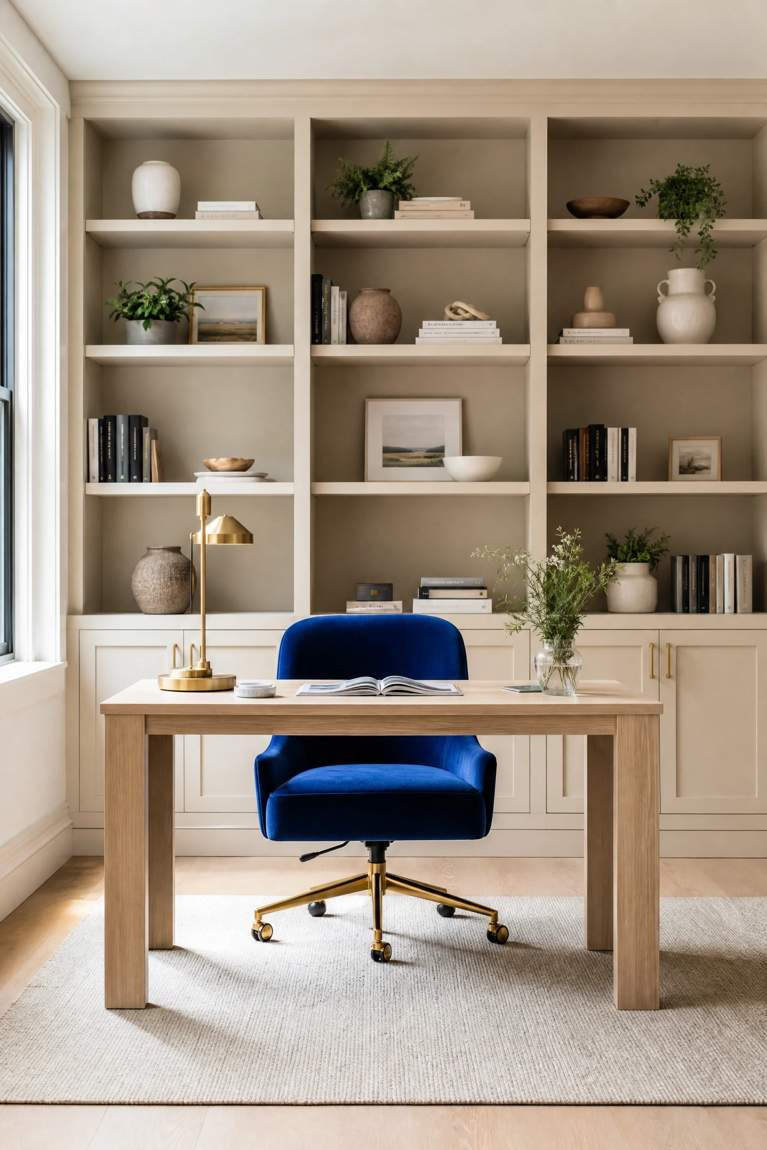 cobalt blue desk chair against beige built-ins in a office