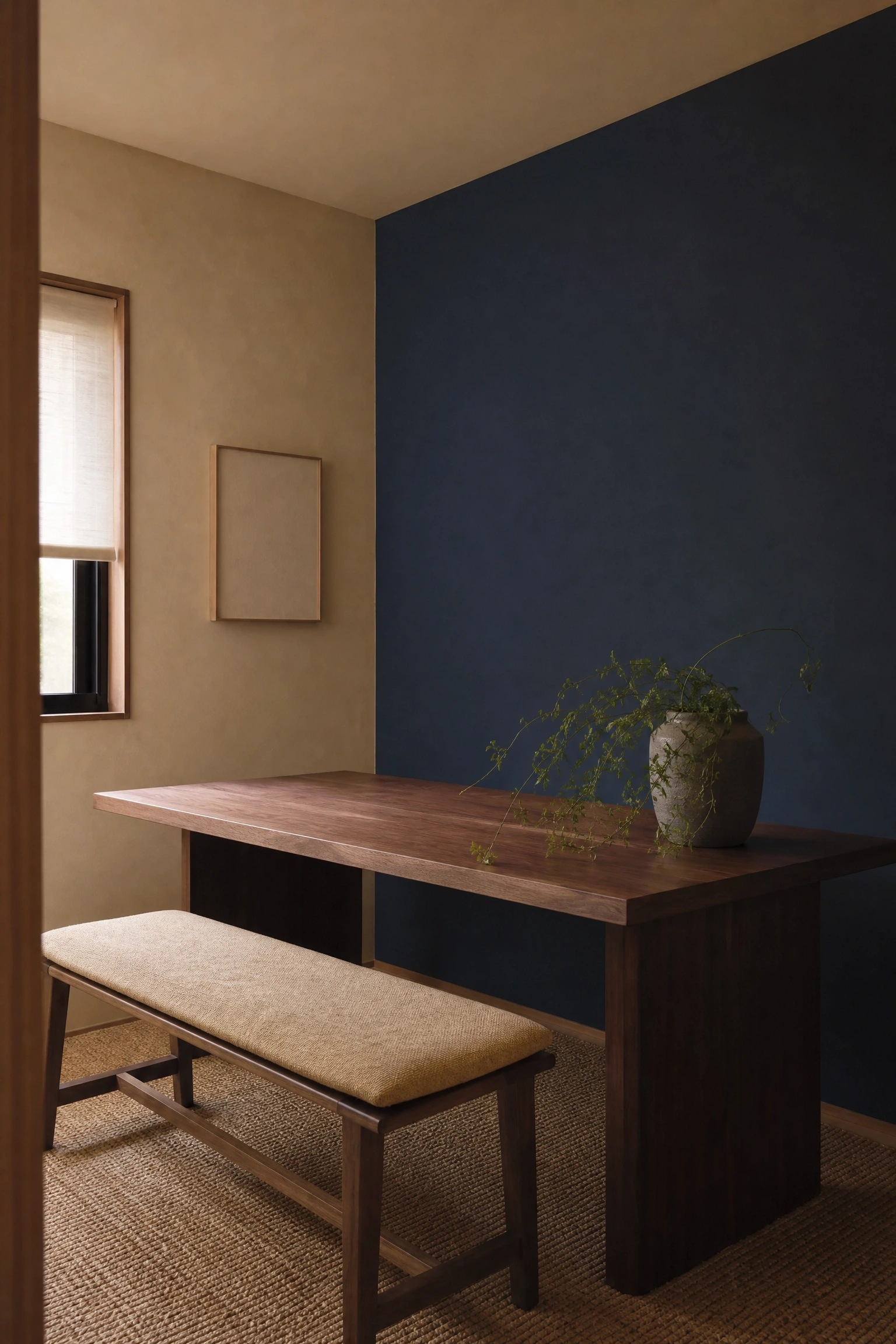 deep blue and warm beige in a japandi-inspired office