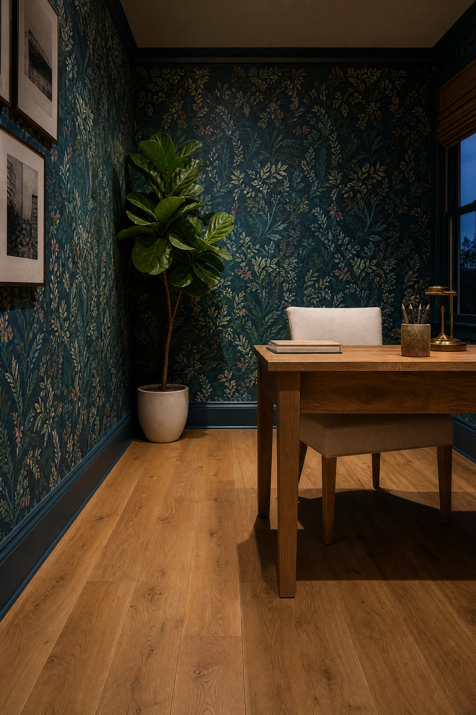 deep teal blue wallpaper with beige oak flooring in a office