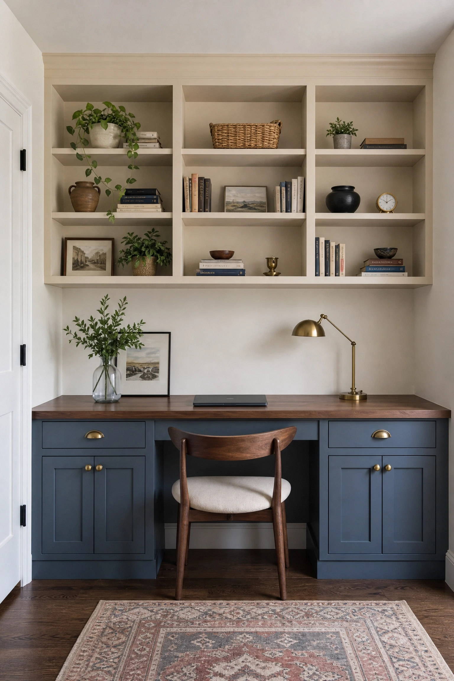 dusty blue lower cabinets with beige upper shelves in a office