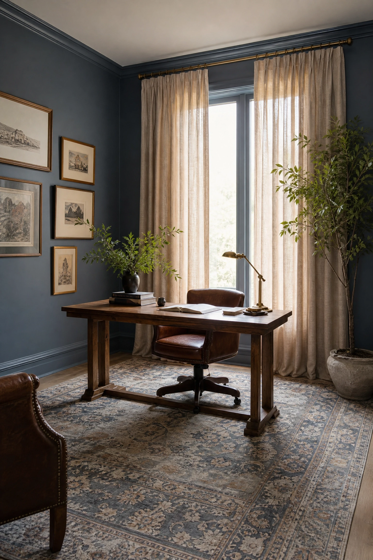french blue walls with linen beige drapery in a office