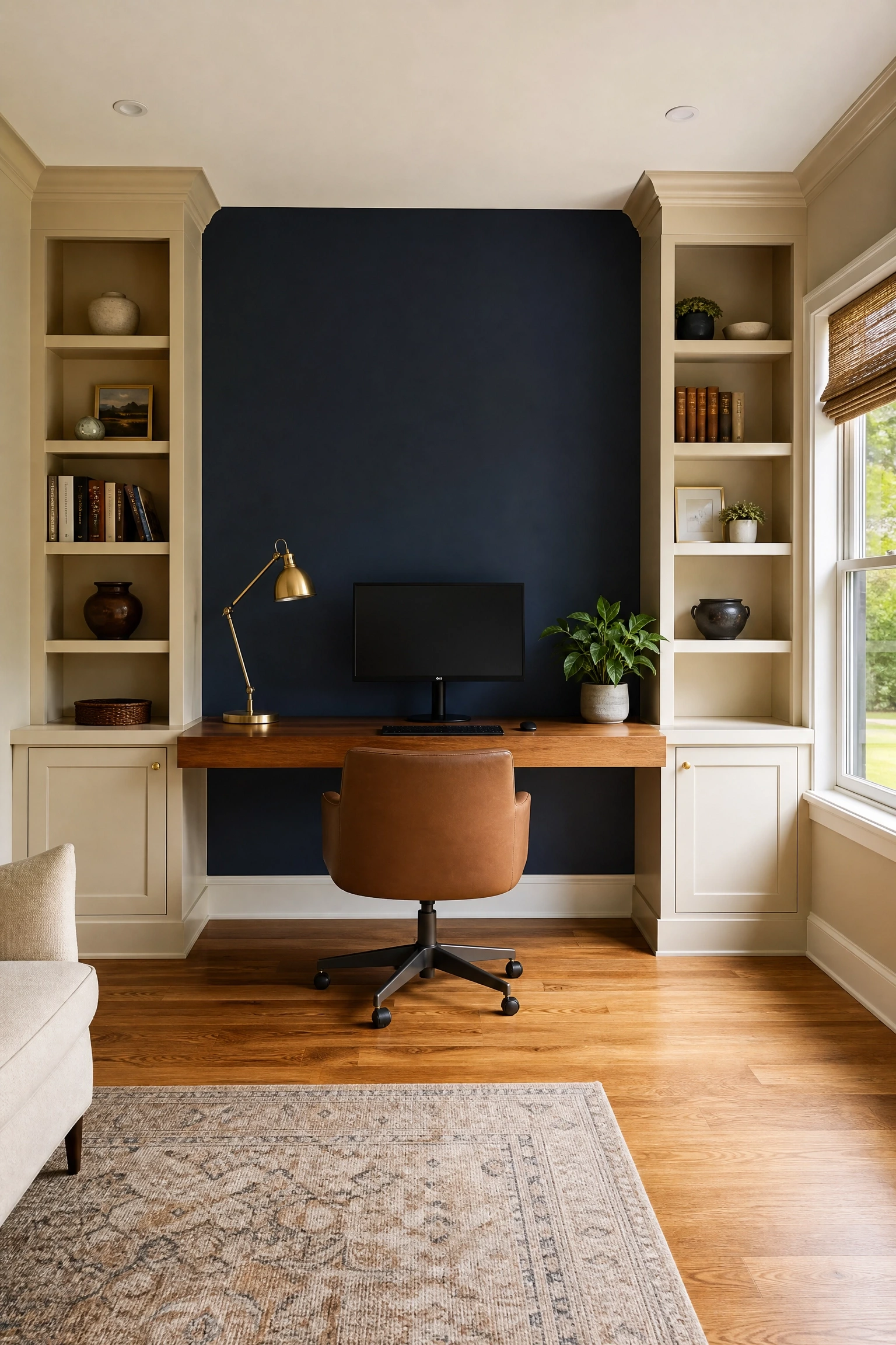 navy accent wall with warm beige millwork in a office