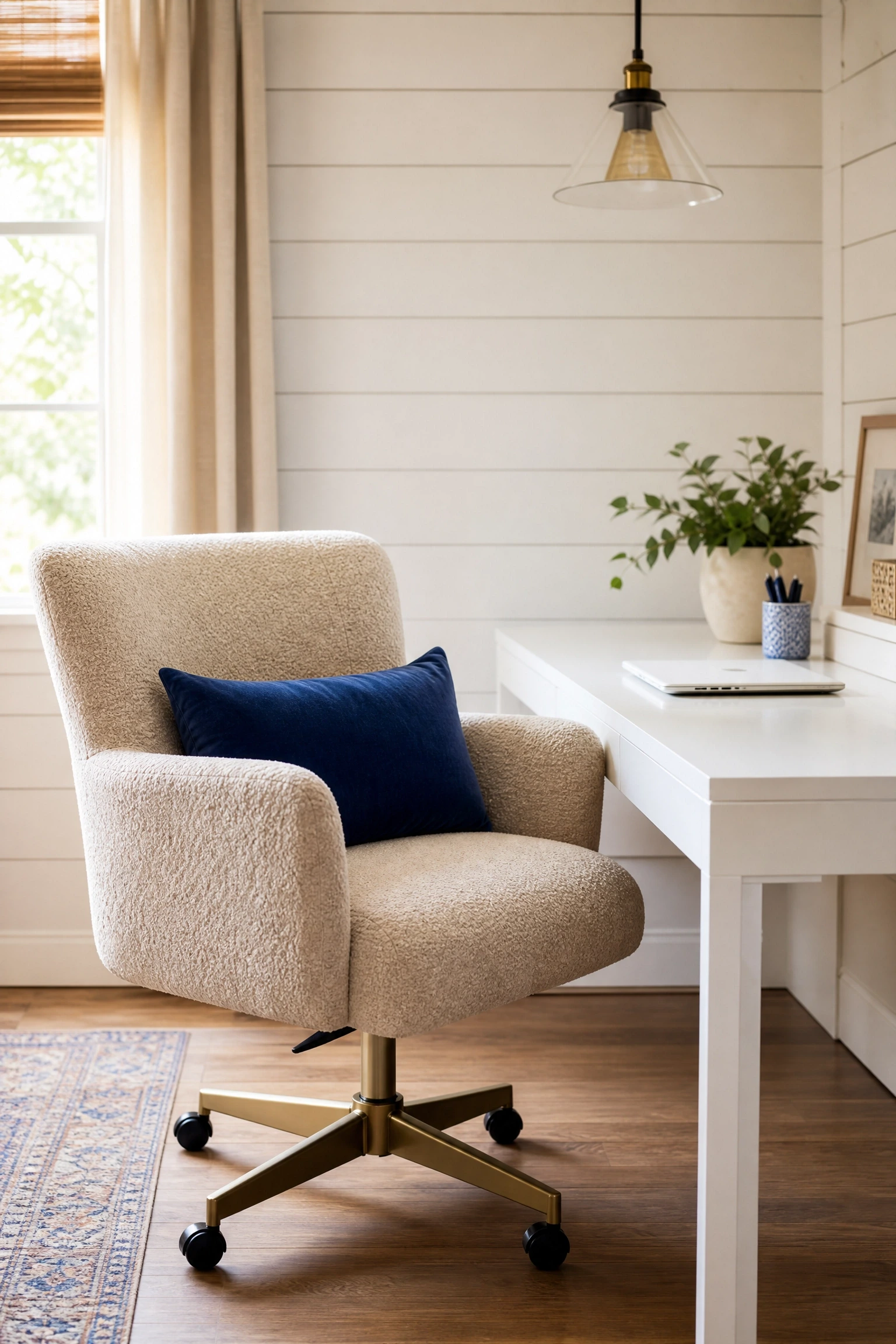 oat beige upholstered desk chair with cobalt throw pillow in a office