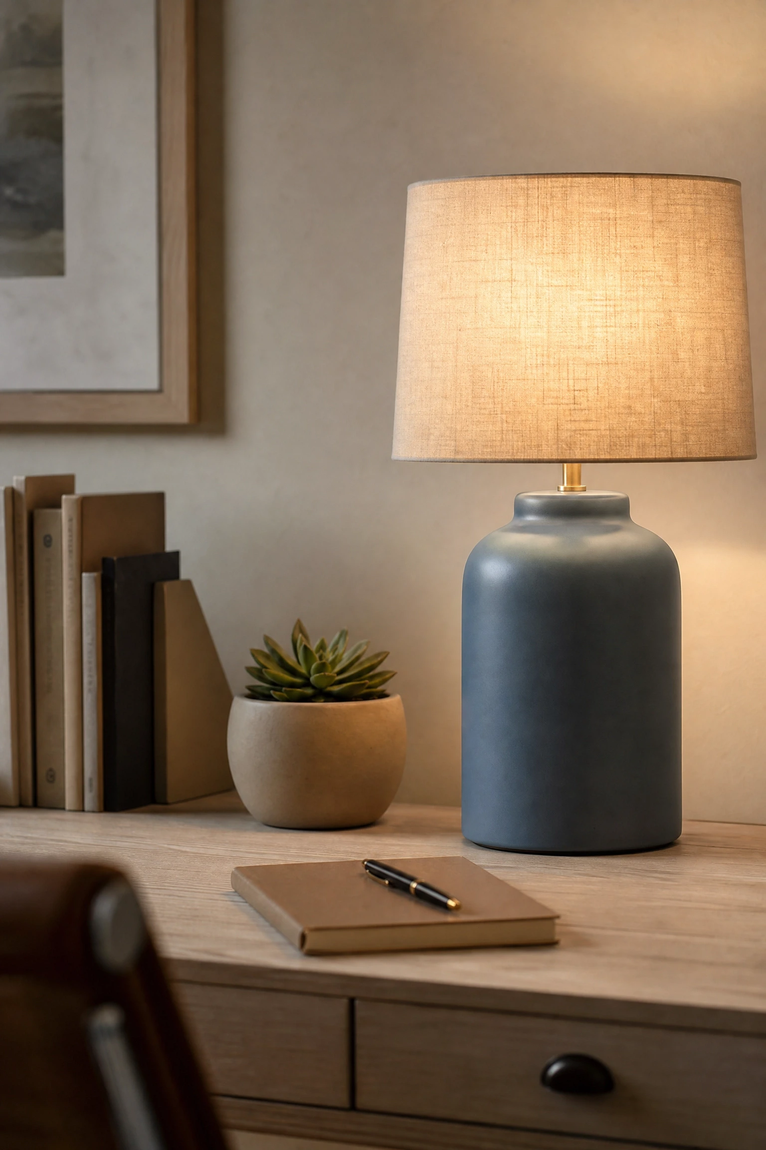 sandy beige desk with steel blue table lamp in a office