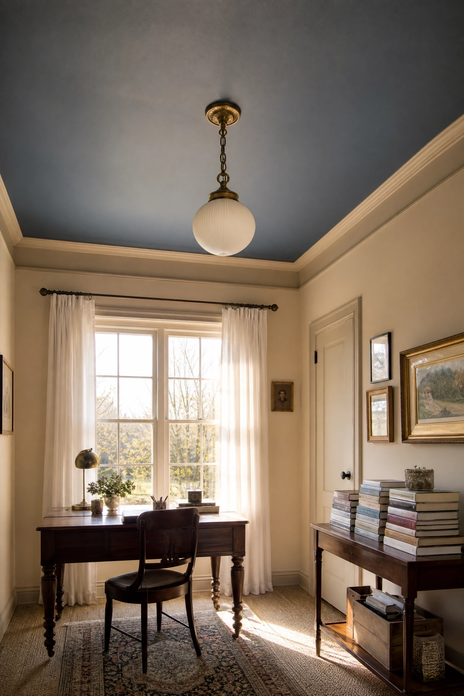 slate blue ceiling with creamy beige walls in a office