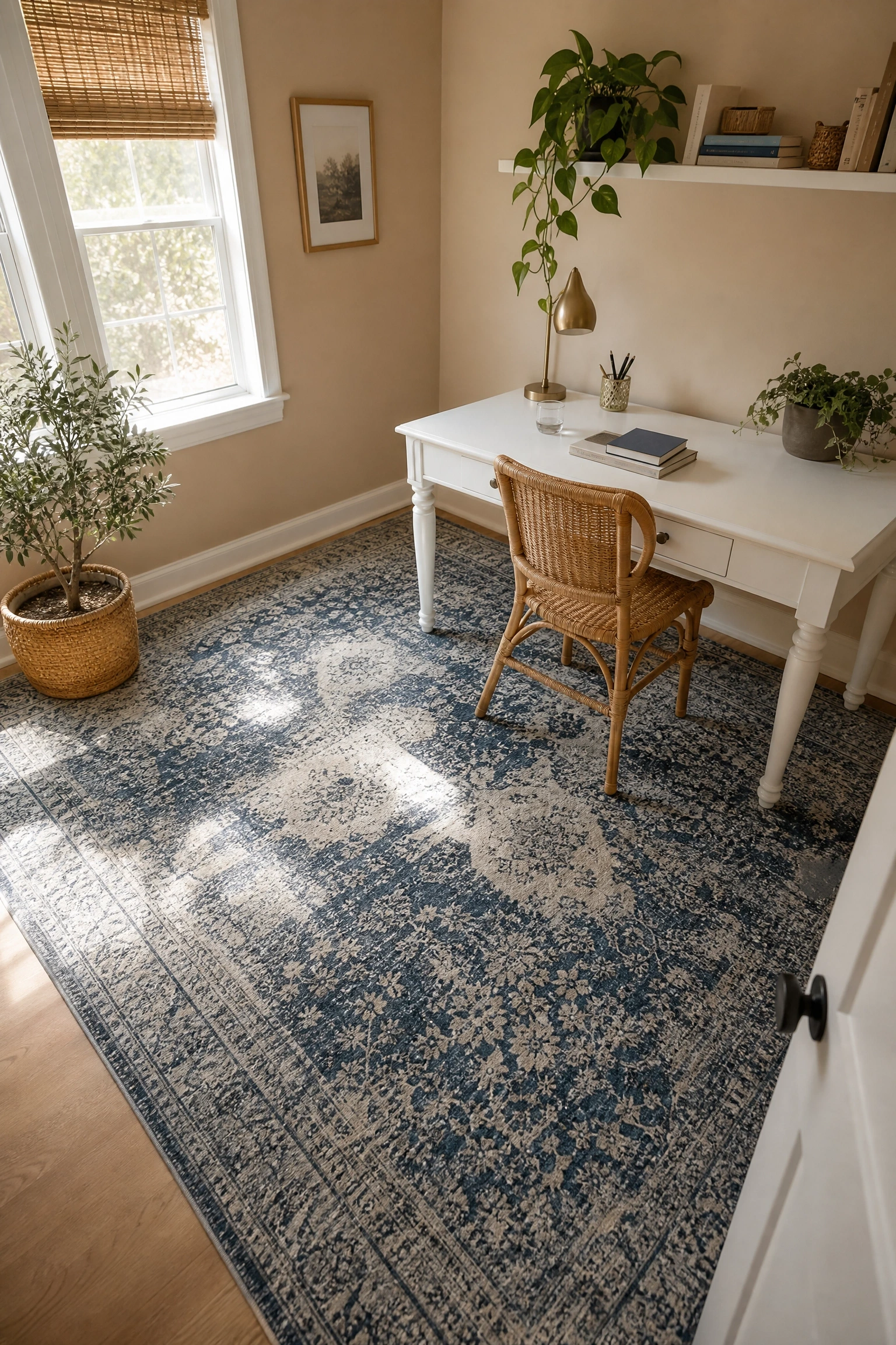 warm beige walls with a blue and natural wool rug in a office