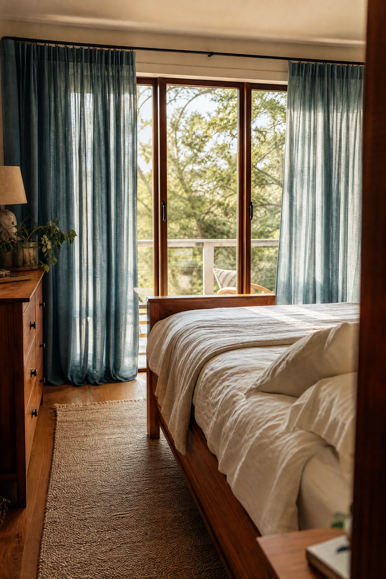 blue linen curtains with a teak or tropical wood bed frame in a bedroom