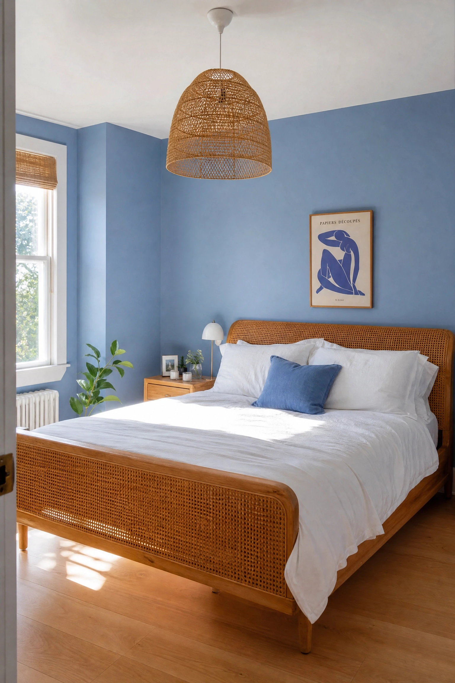 cornflower blue walls with a cane or rattan bed frame in a bedroom
