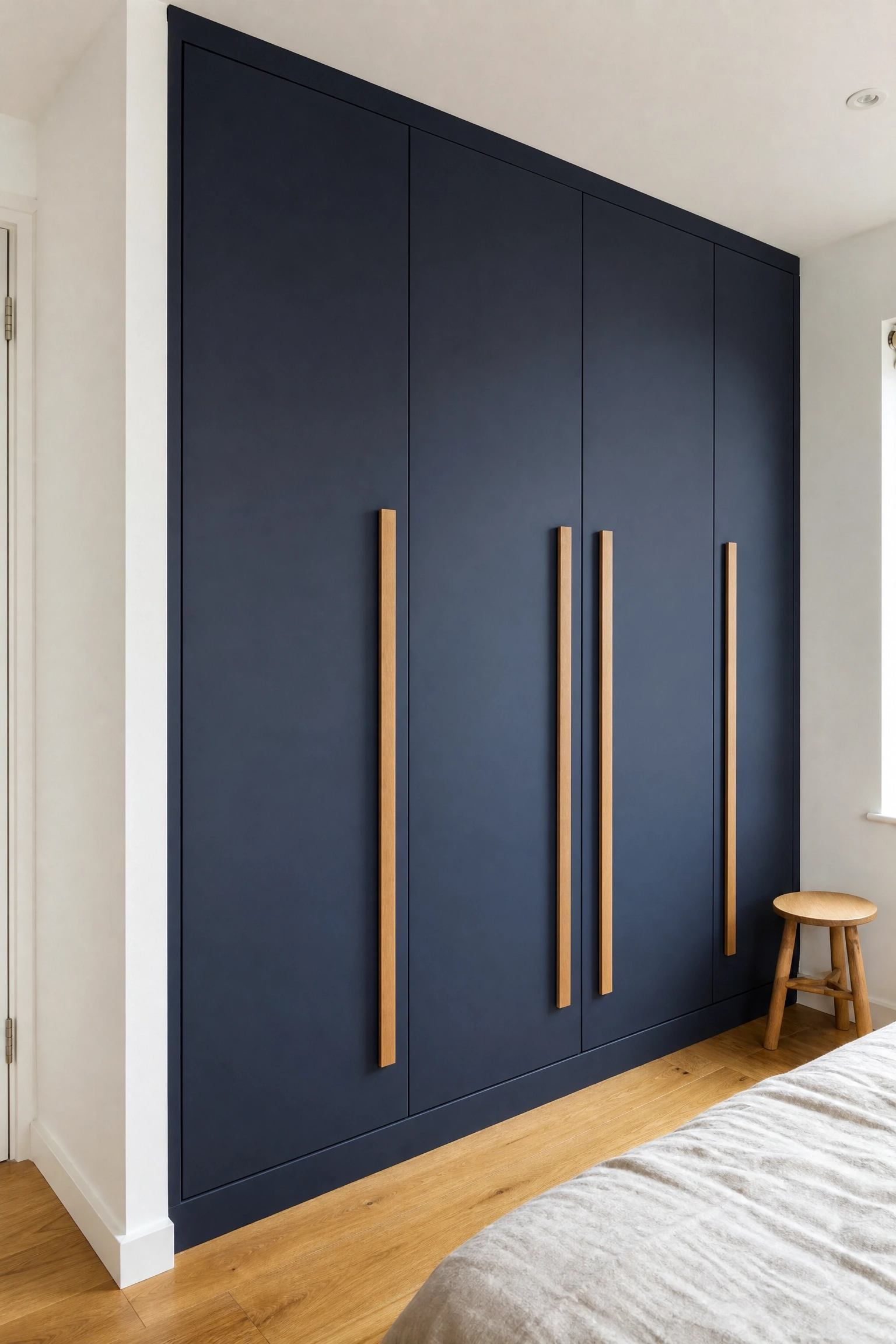 dark blue paneled wardrobe with oak handles in a bedroom