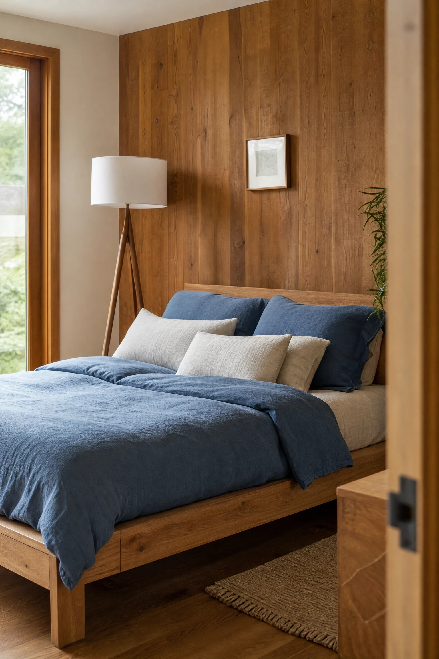 denim blue bedding as the starting point for a wood-heavy room in a bedroom